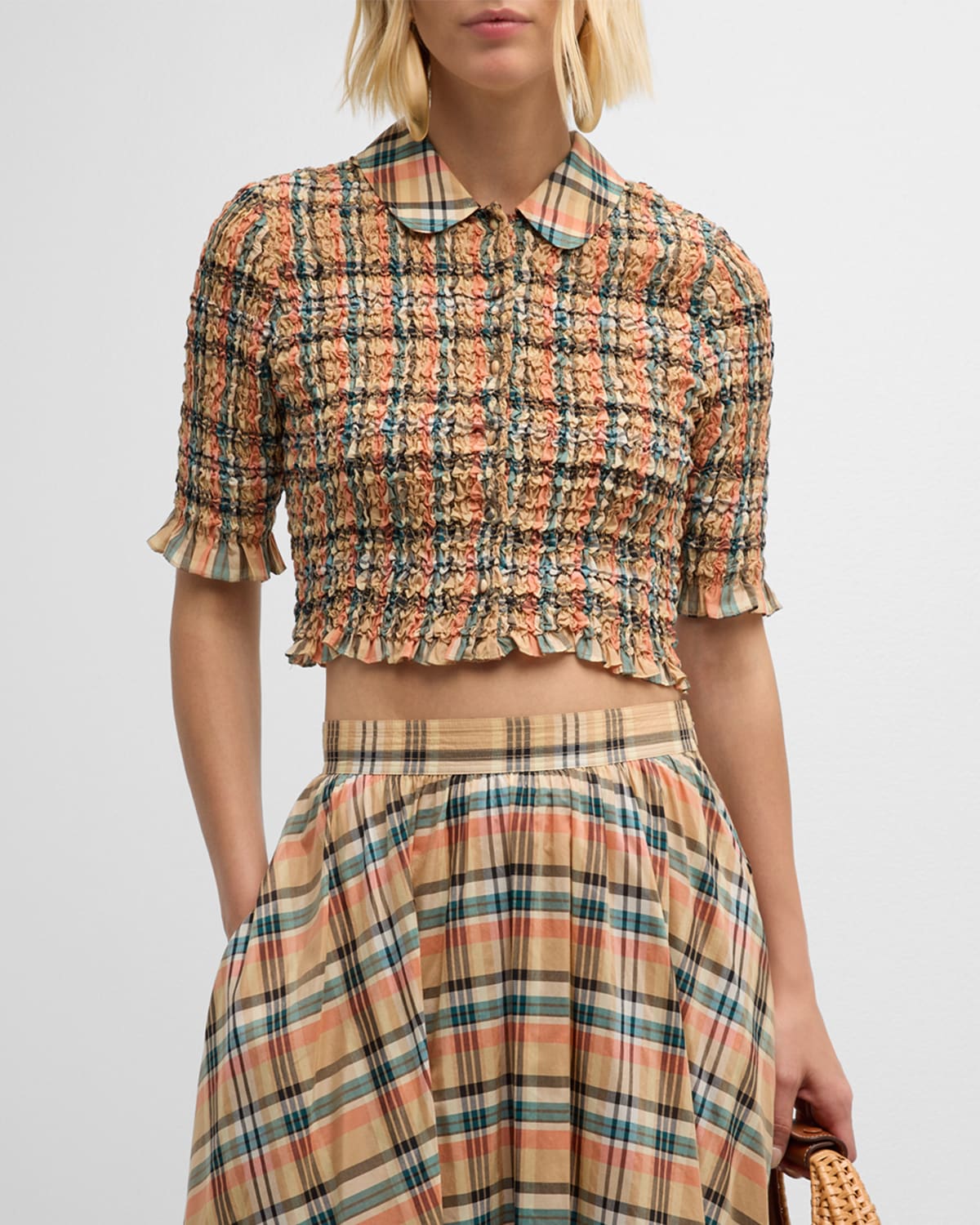 Ulla Johnson Jules Smocked Silk Cotton Collared Crop Top