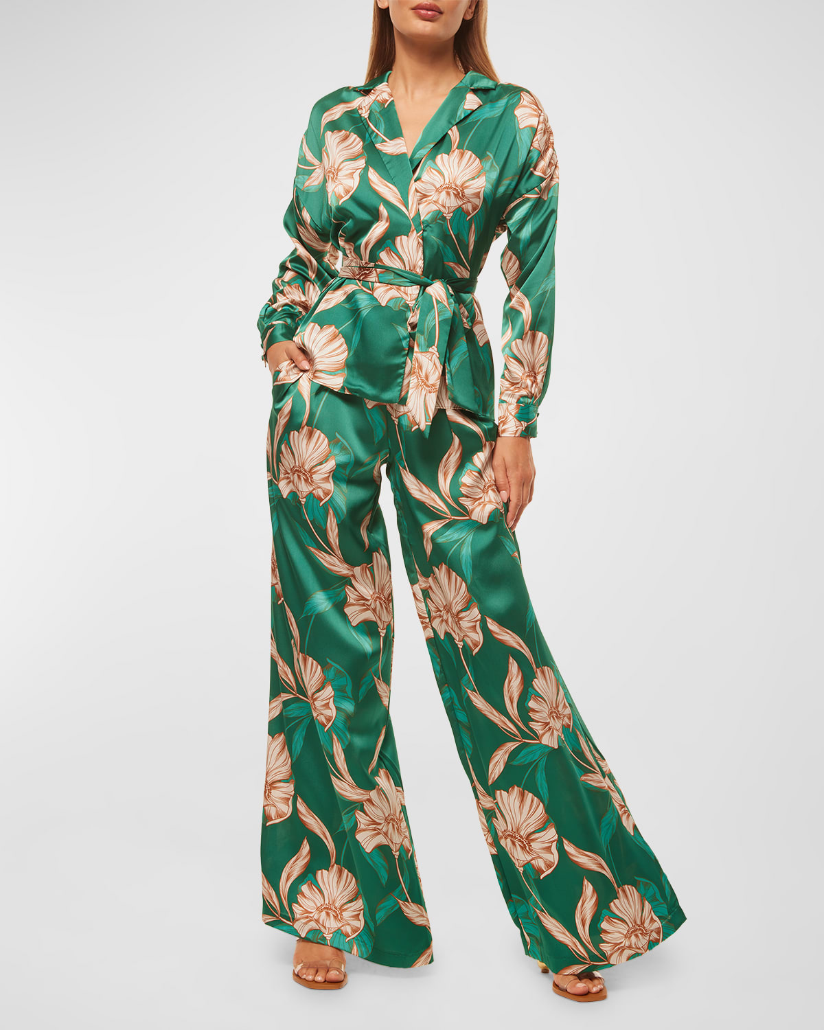 MISA Los Angeles Farah Floral Satin Long-Sleeve Wrap Top