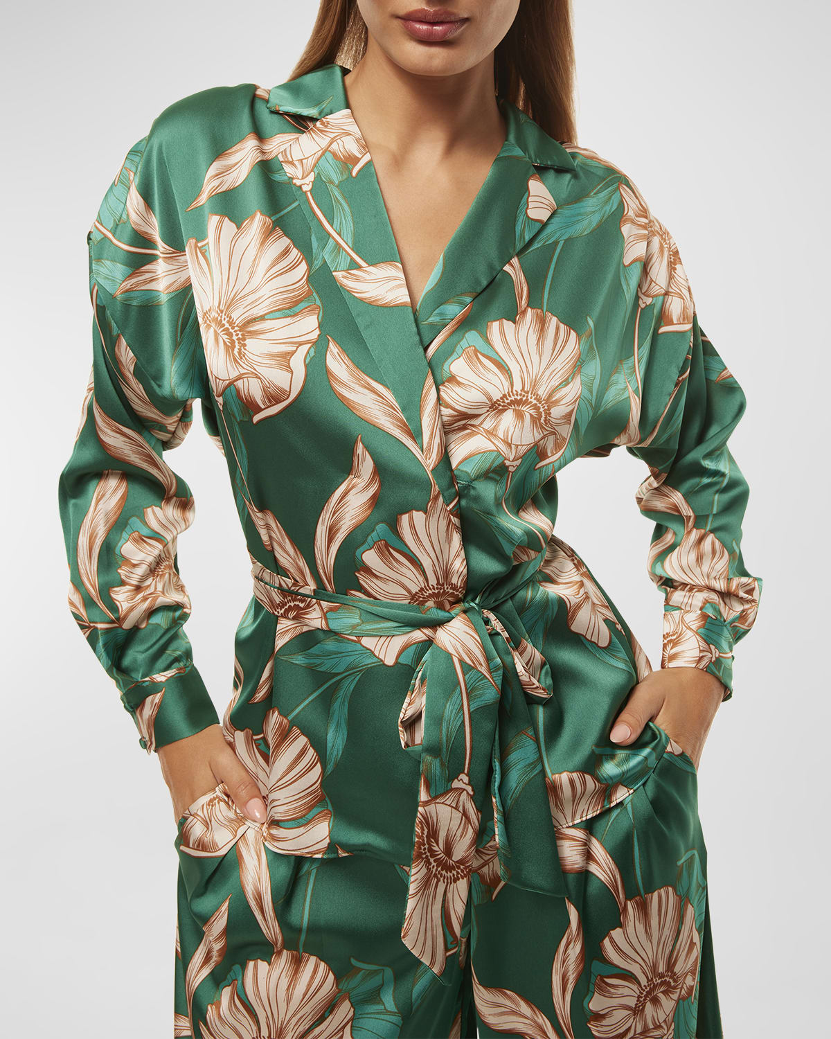 MISA Los Angeles Farah Floral Satin Long-Sleeve Wrap Top