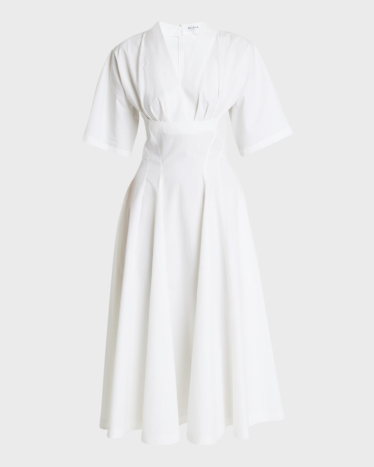 ALAIA V-Neck Short-Sleeve Fit-&-Flare Poplin Midi Dress