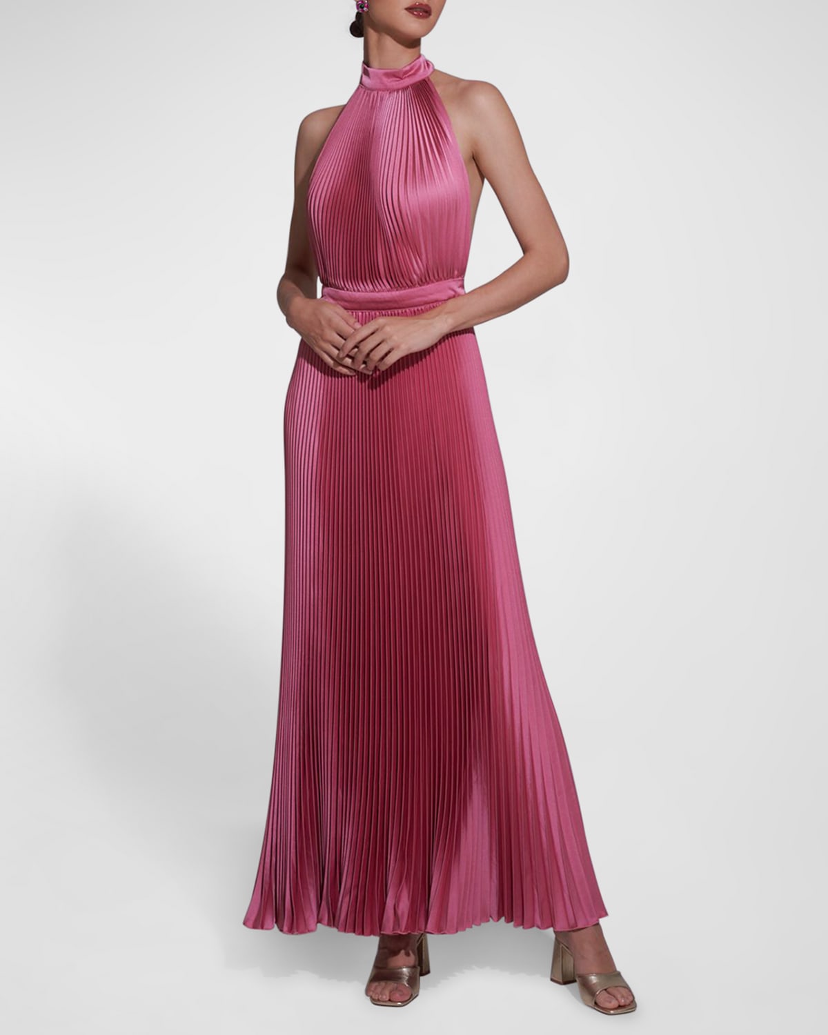 L'IDEE Cinema Pleated Halter-Tie Open-Back Gown