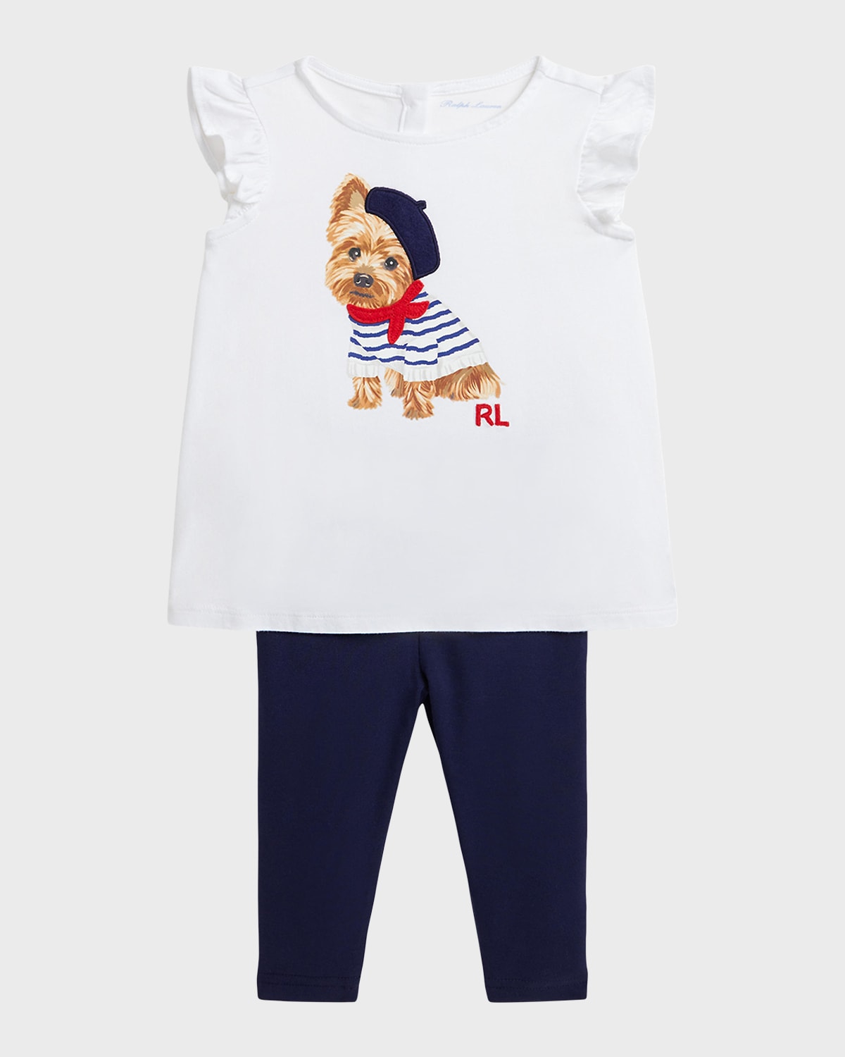 Ralph Lauren Childrenswear Girl's Flutter-Sleeve Yorkie Graphic Print Top and Leggings Set, Size 6M-24M