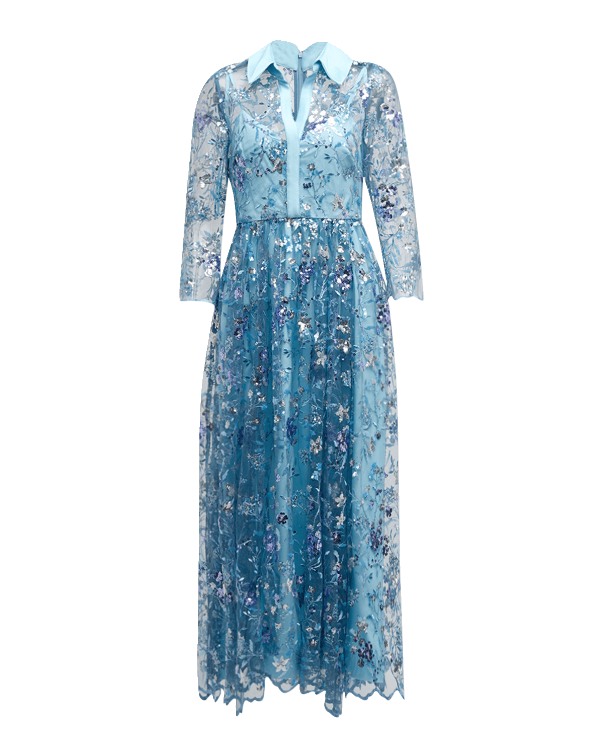 Badgley Mischka Collection Sequin Embroidered Illusion Midi Shirtdress