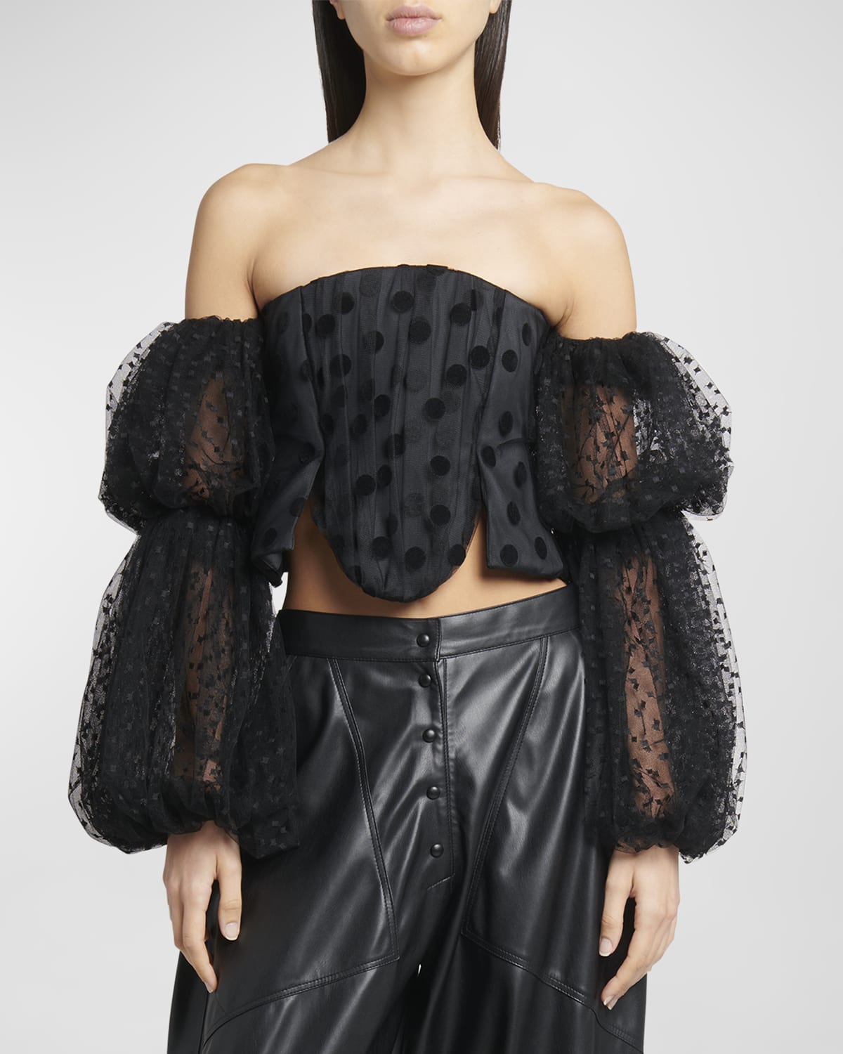 Stella McCartney Plumetis-Trim Long-Sleeve Off-The-Shoulder Bustier Top