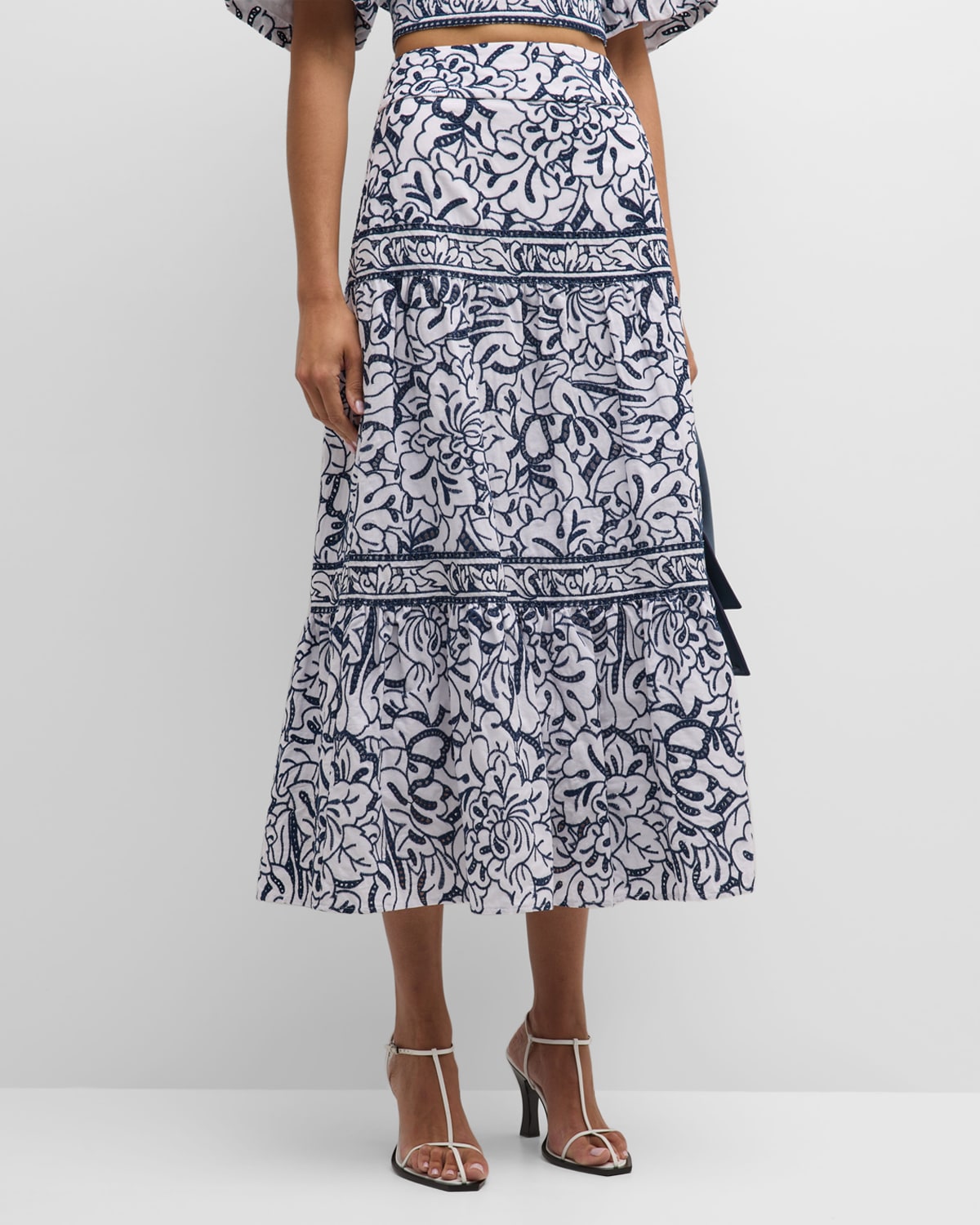 Misook Tiered Eyelet Floral-Embroidered Midi Skirt