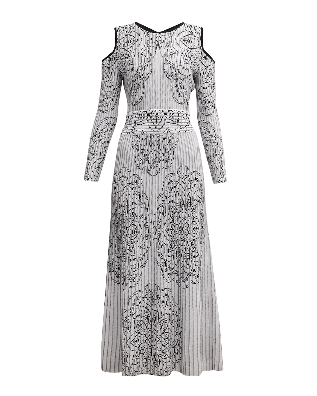 Misook Pleated Cold-Shoulder Jacquard-Knit Maxi Dress