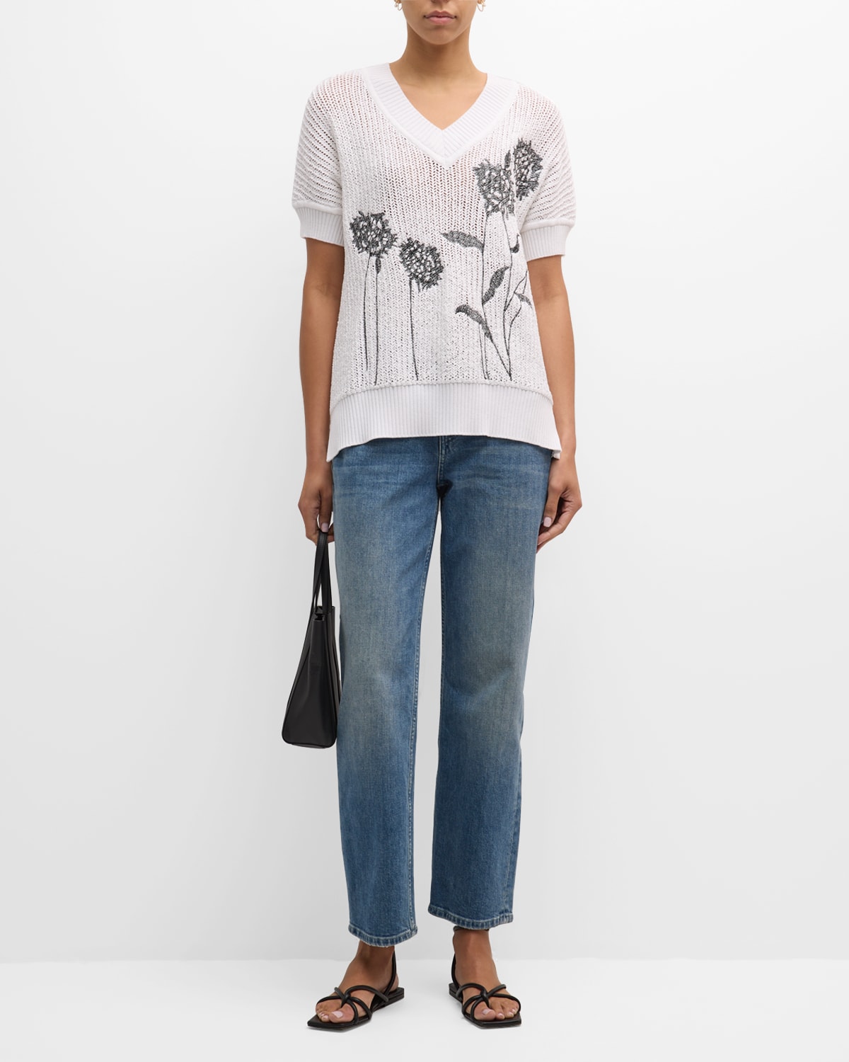 Misook Floral-Embroidered Crochet Knit Tunic