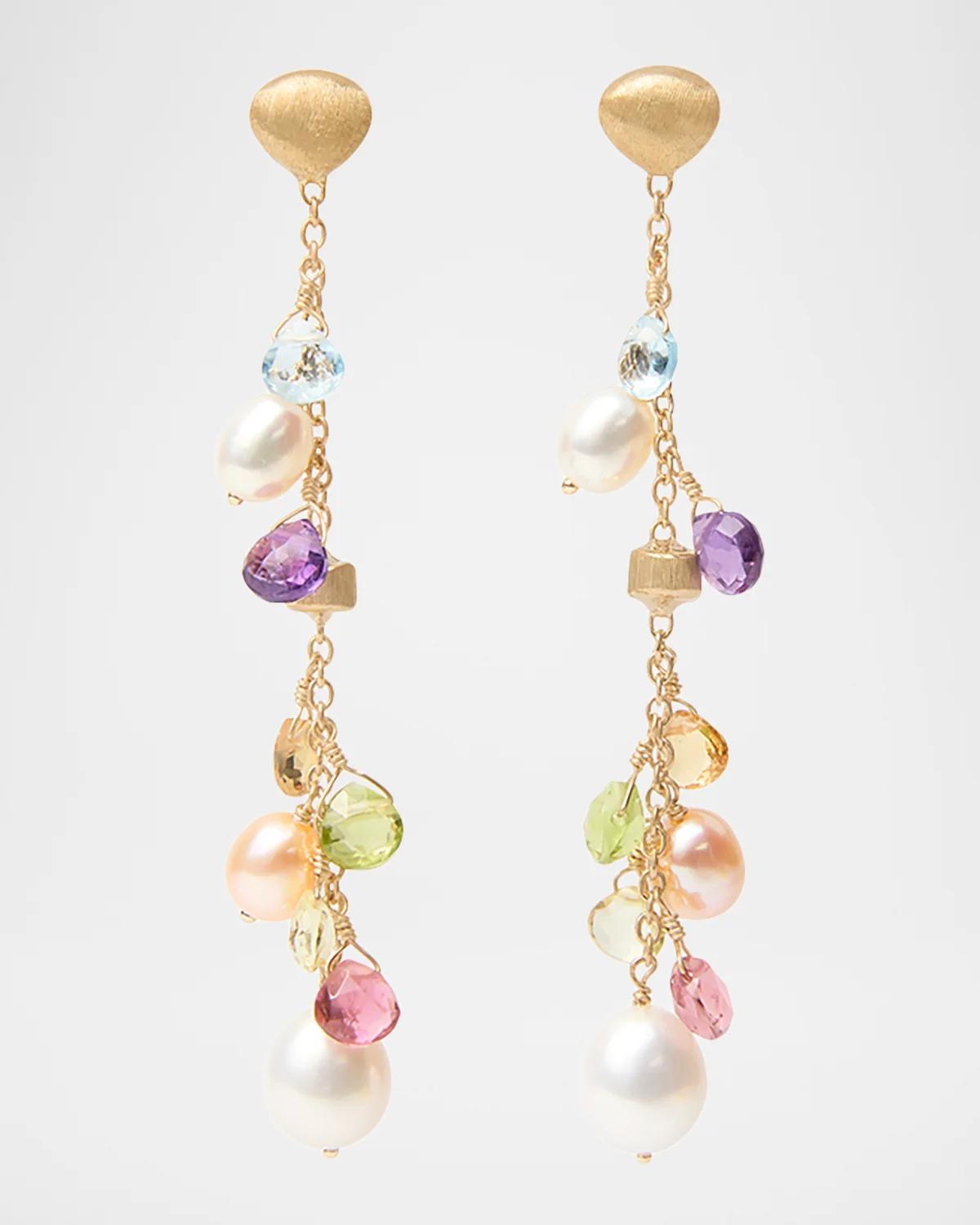 Paradise 18K Yellow Gold Gemstone Earrings with Pearls, 2.6"L