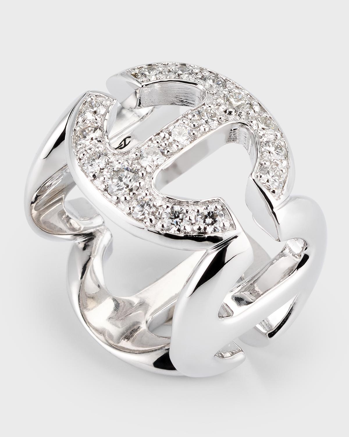 18K White Gold Square Link Ring with Diamonds, Size 7