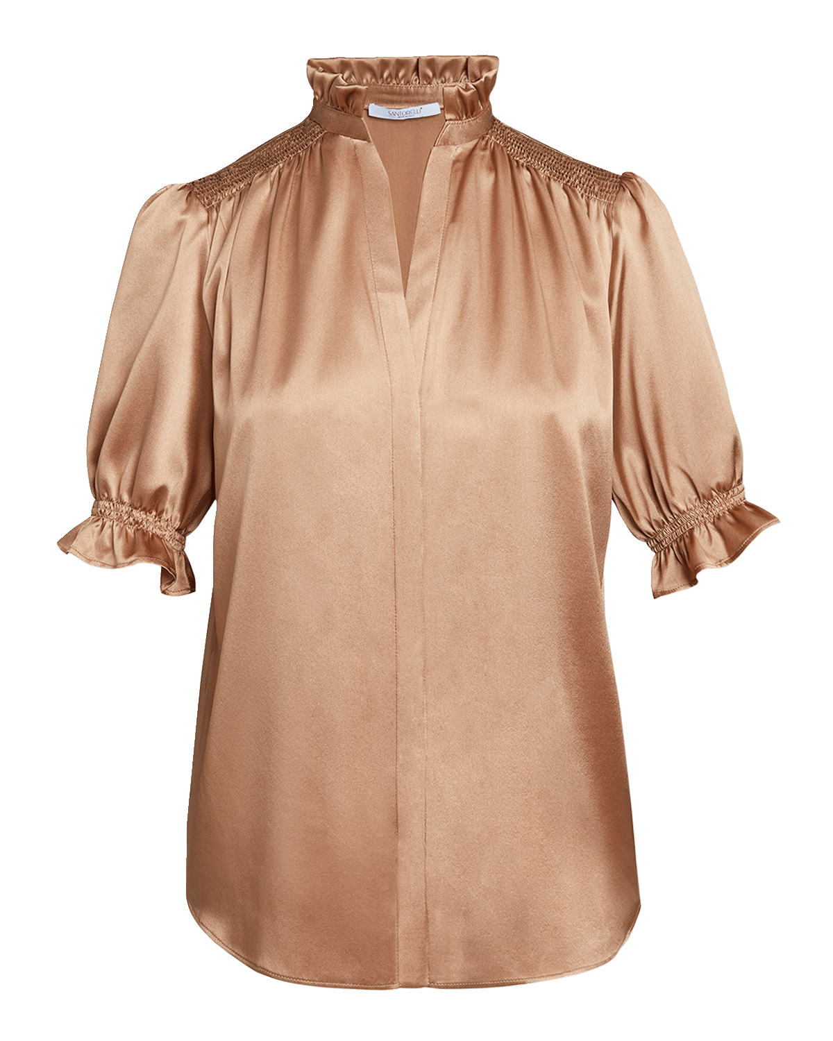 Santorelli Elisa Smocked Ruffle-Tim Silk Blouse