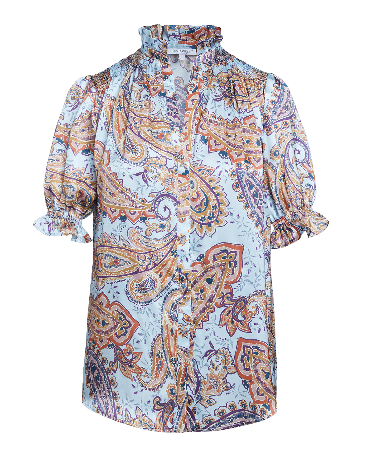 Santorelli Elisa Smocked Ruffle-Tim Silk Blouse