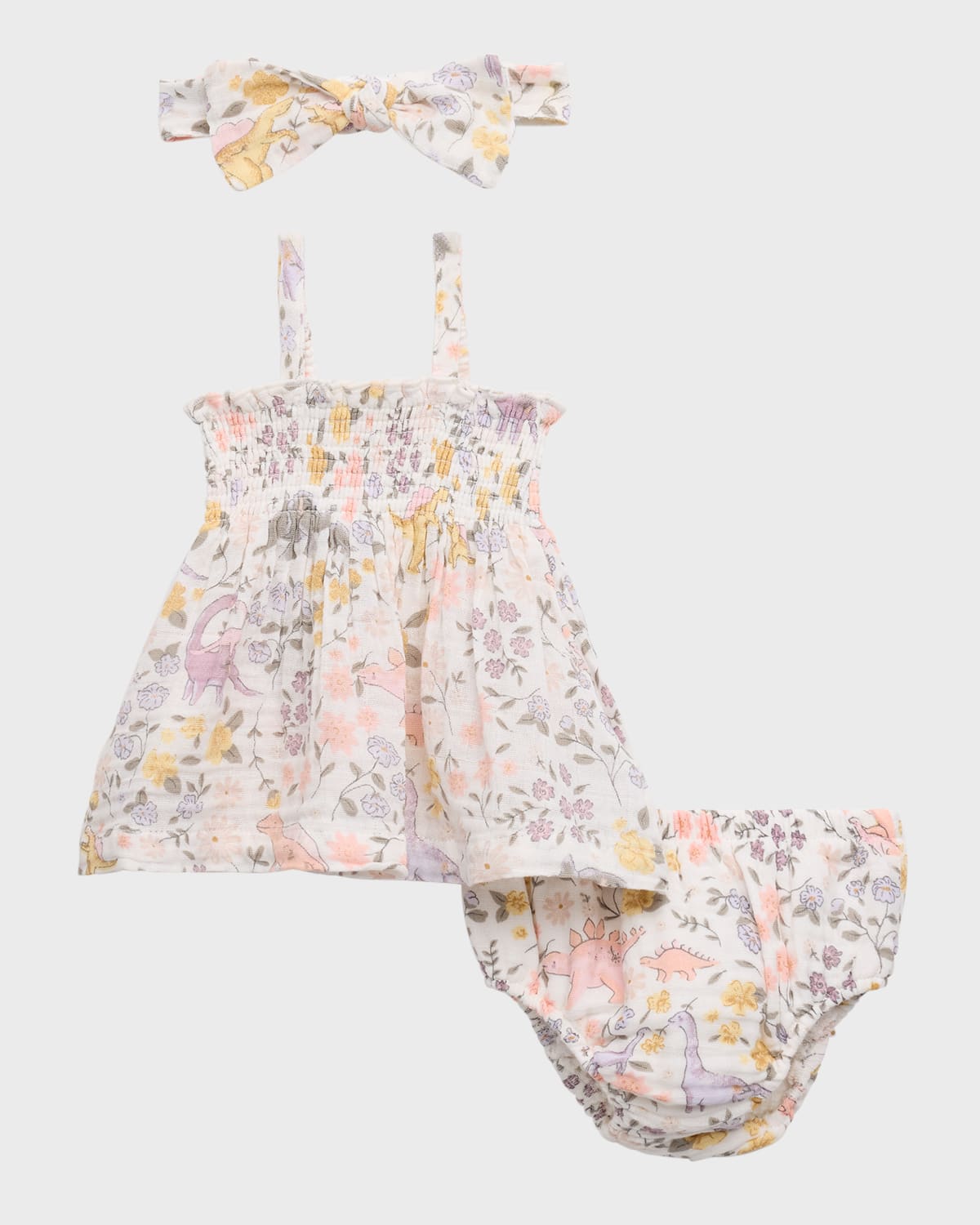 Angel Dear Girl's Floral Dino Smocked Top, Bloomers, and Headband Set, Size 3M-24M