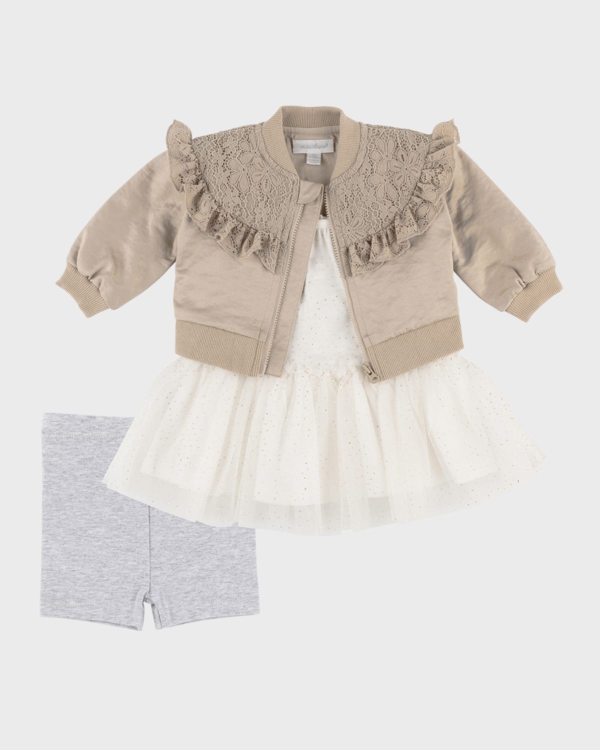 Miniclasix Girl's Bomber Jacket, Top and Bike Shorts Set, Size 3M-24M