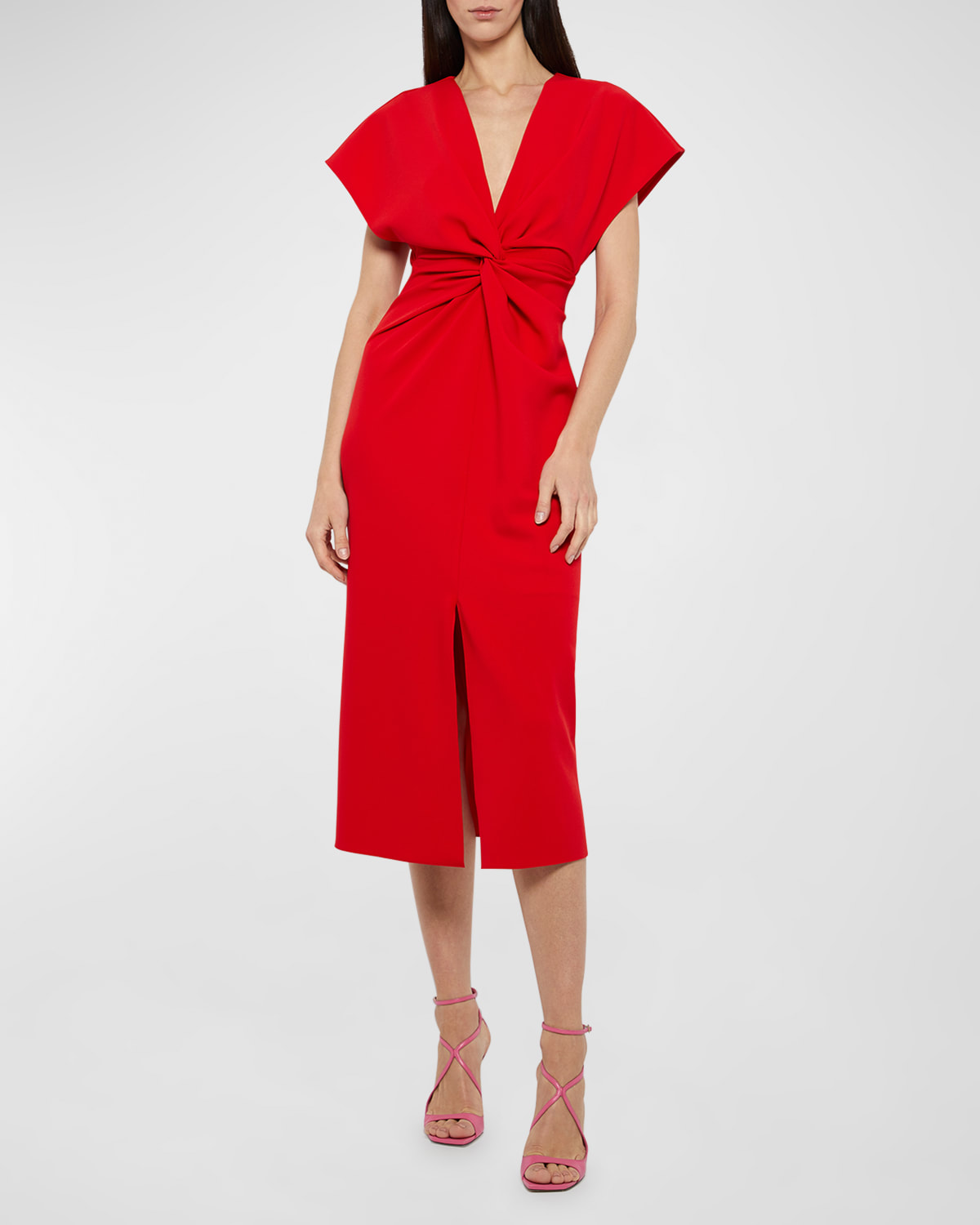 Atelier Prabal Gurung Jackie Twisted Cap-Sleeve Slit-Hem Midi Dress