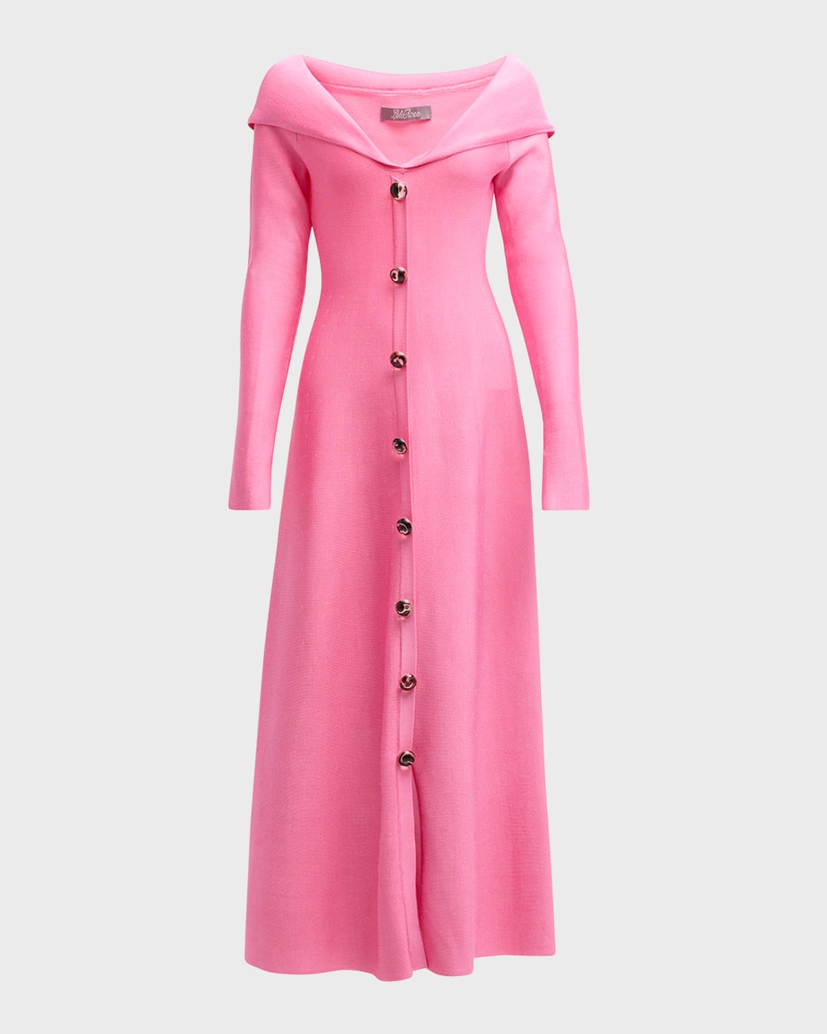 Lela Rose Off-The-Shoulder Long-Sleeve Button-Front Midi Dress