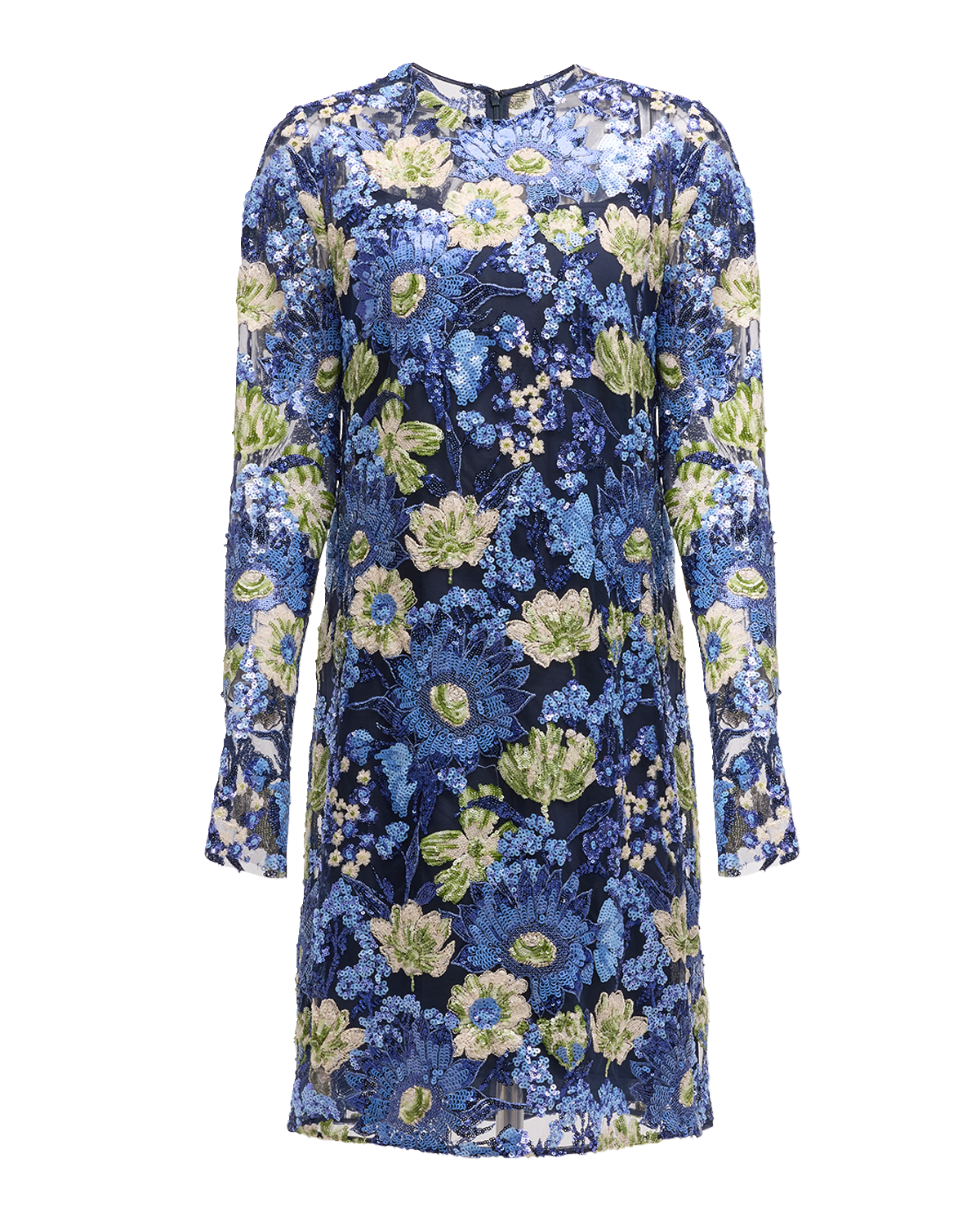Lela Rose Floral Sequin Long-Sleeve Dress