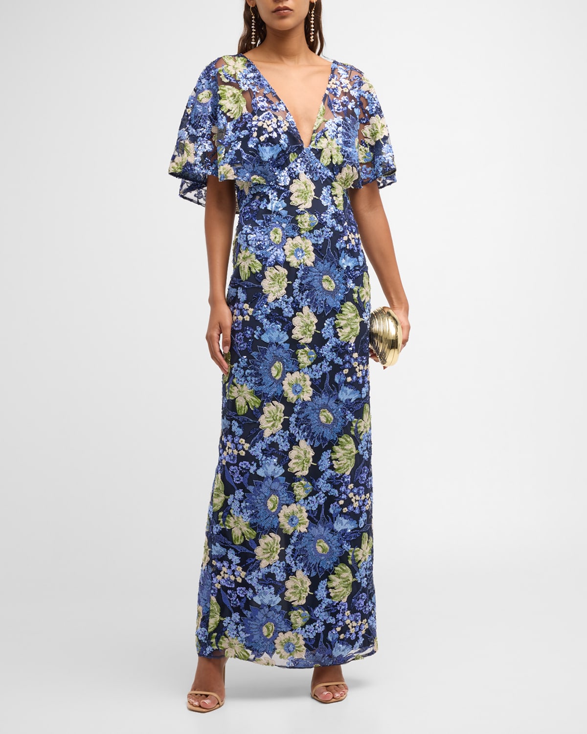 Lela Rose V-Neck Flower Sequin Cape-Sleeve Column Maxi Dress