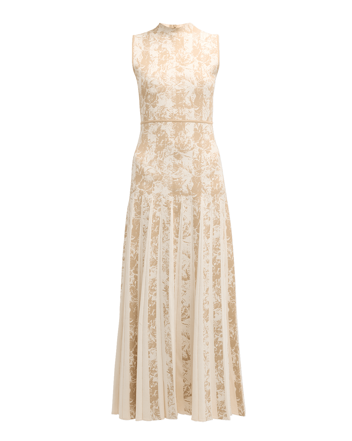 Lela Rose Pleated Floral Striped Jacquard Mock-Neck Sleeveless Midi Dress