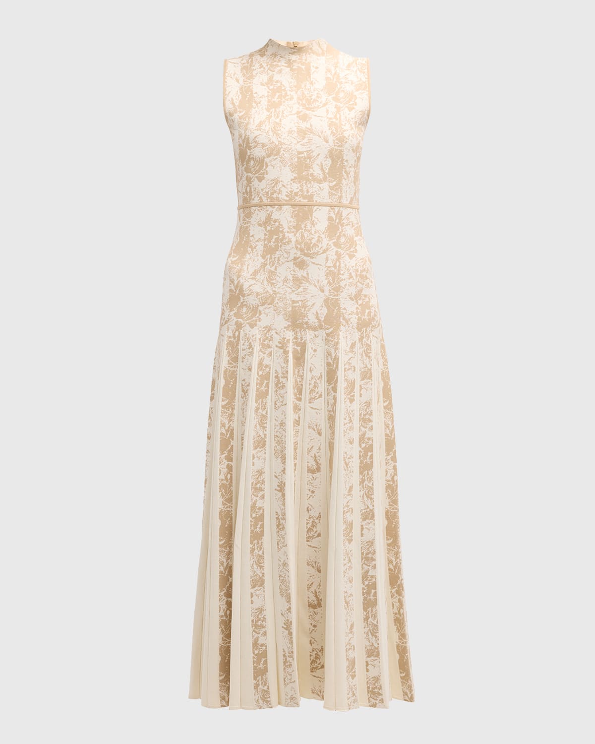 Lela Rose Pleated Floral Striped Jacquard Mock-Neck Sleeveless Midi Dress