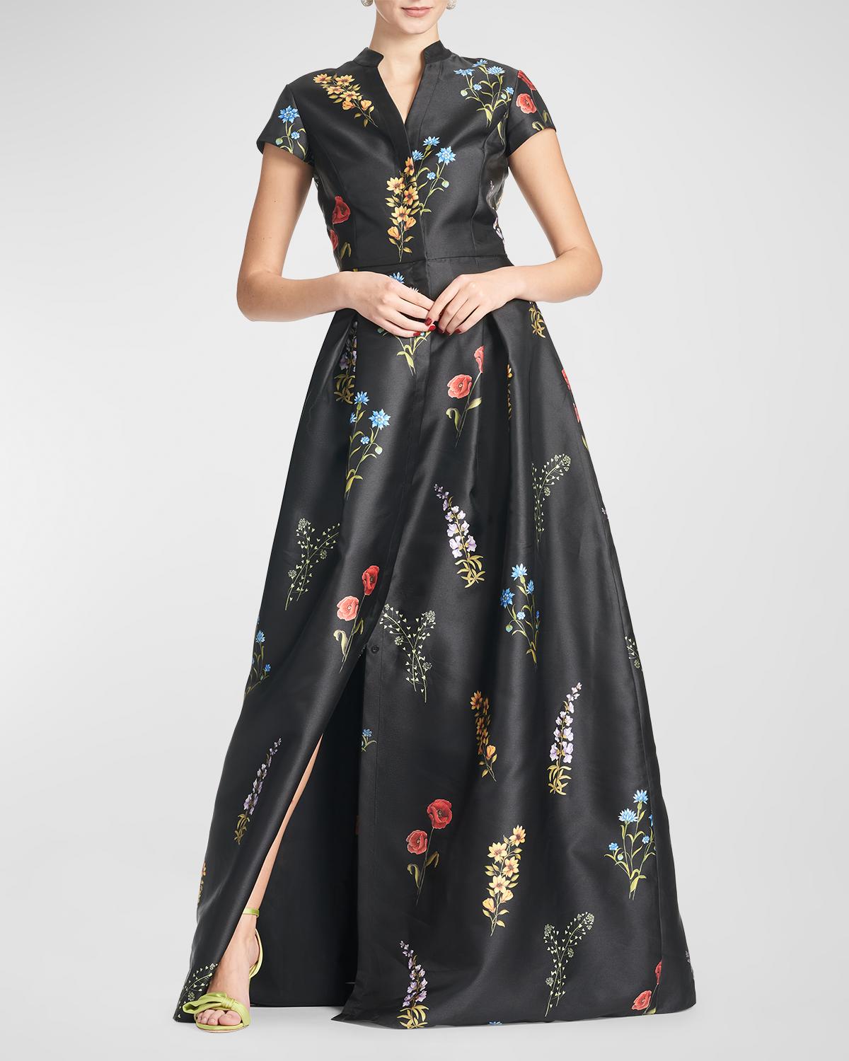 SACHIN BABI Marta Pleated Floral-Print A-Line Gown
