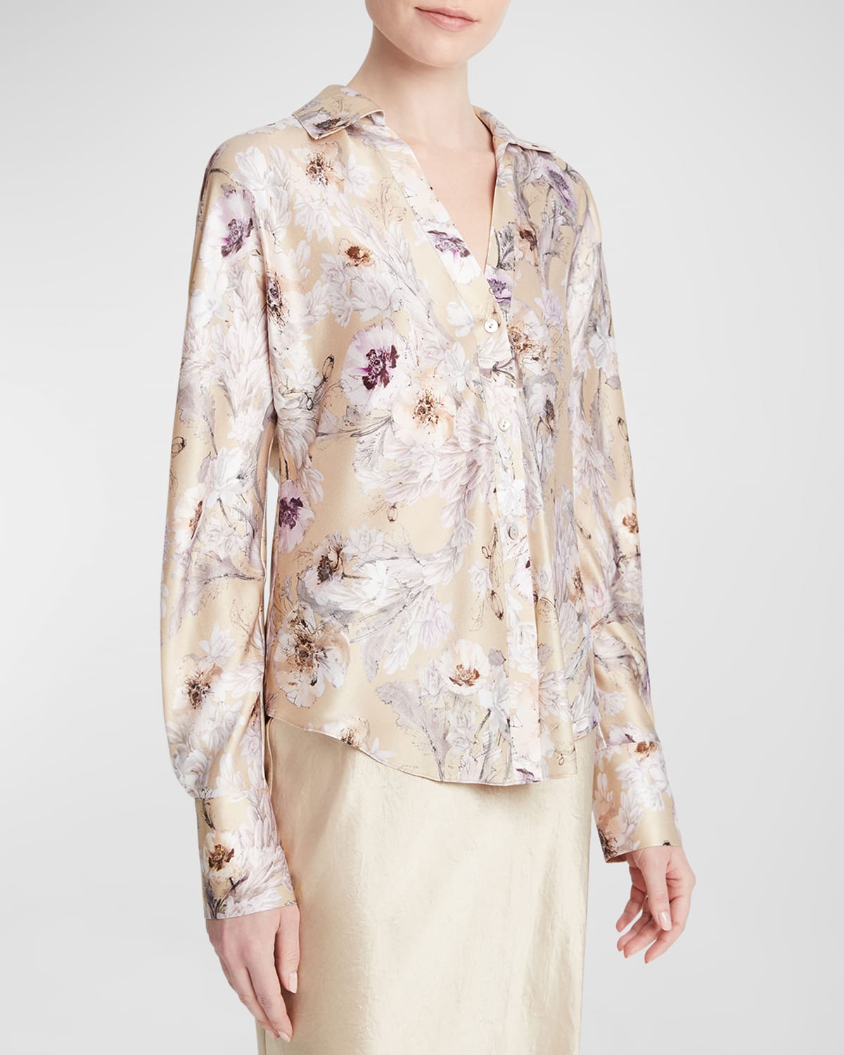 Vince Wild Flower Long-Sleeve Bias Silk Blouse