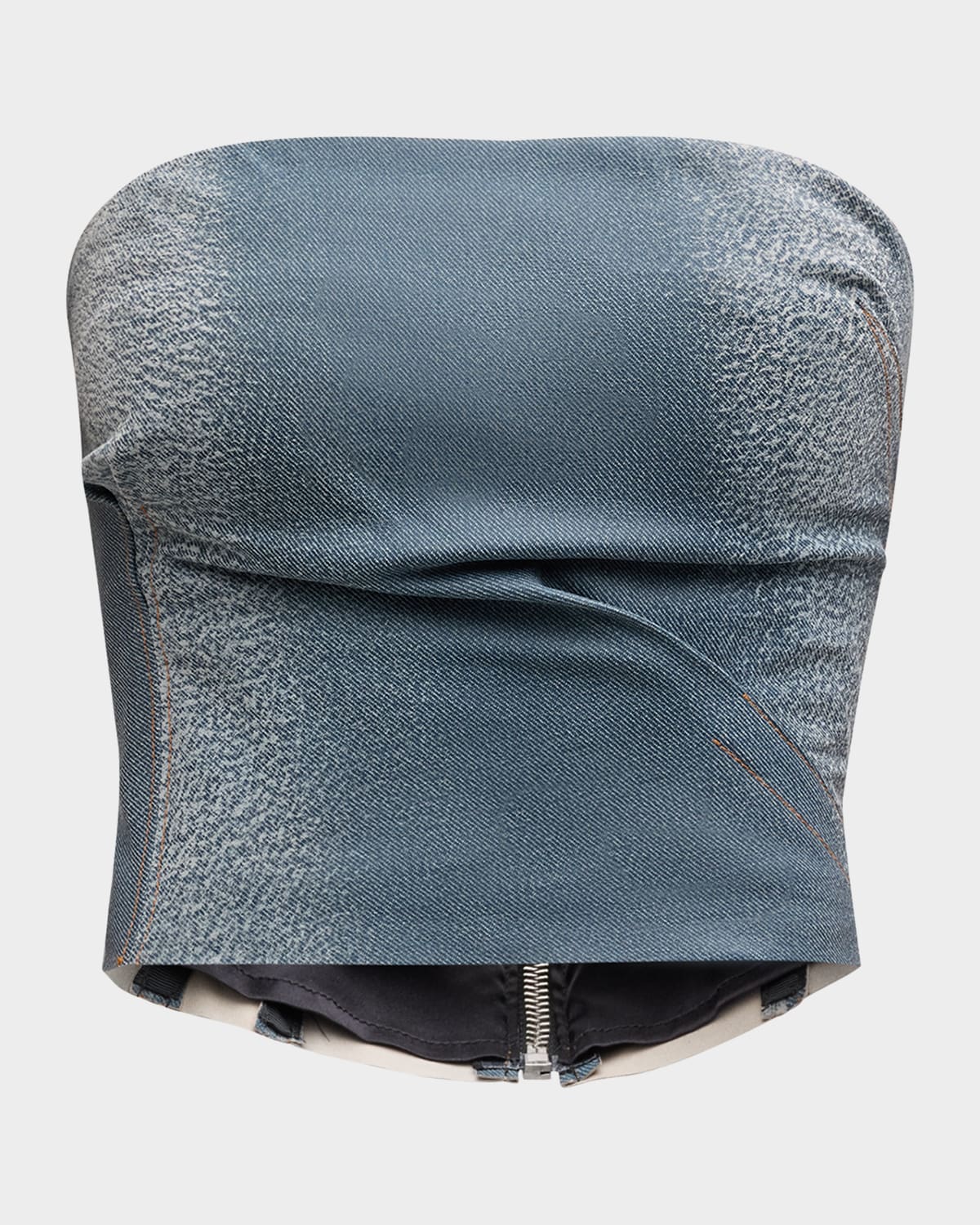 LaQuan Smith Denim-Printed Leather Strapless Crop Bustier Top