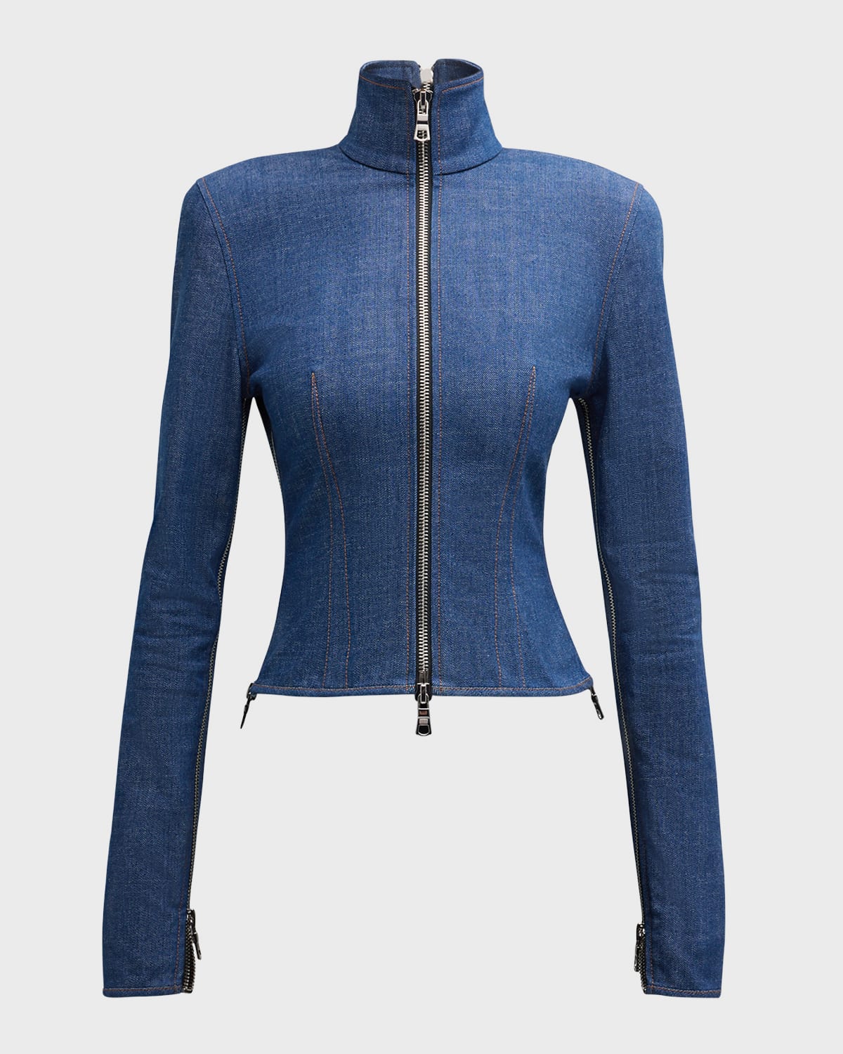 LaQuan Smith Zipper Fitted Denim Jacket