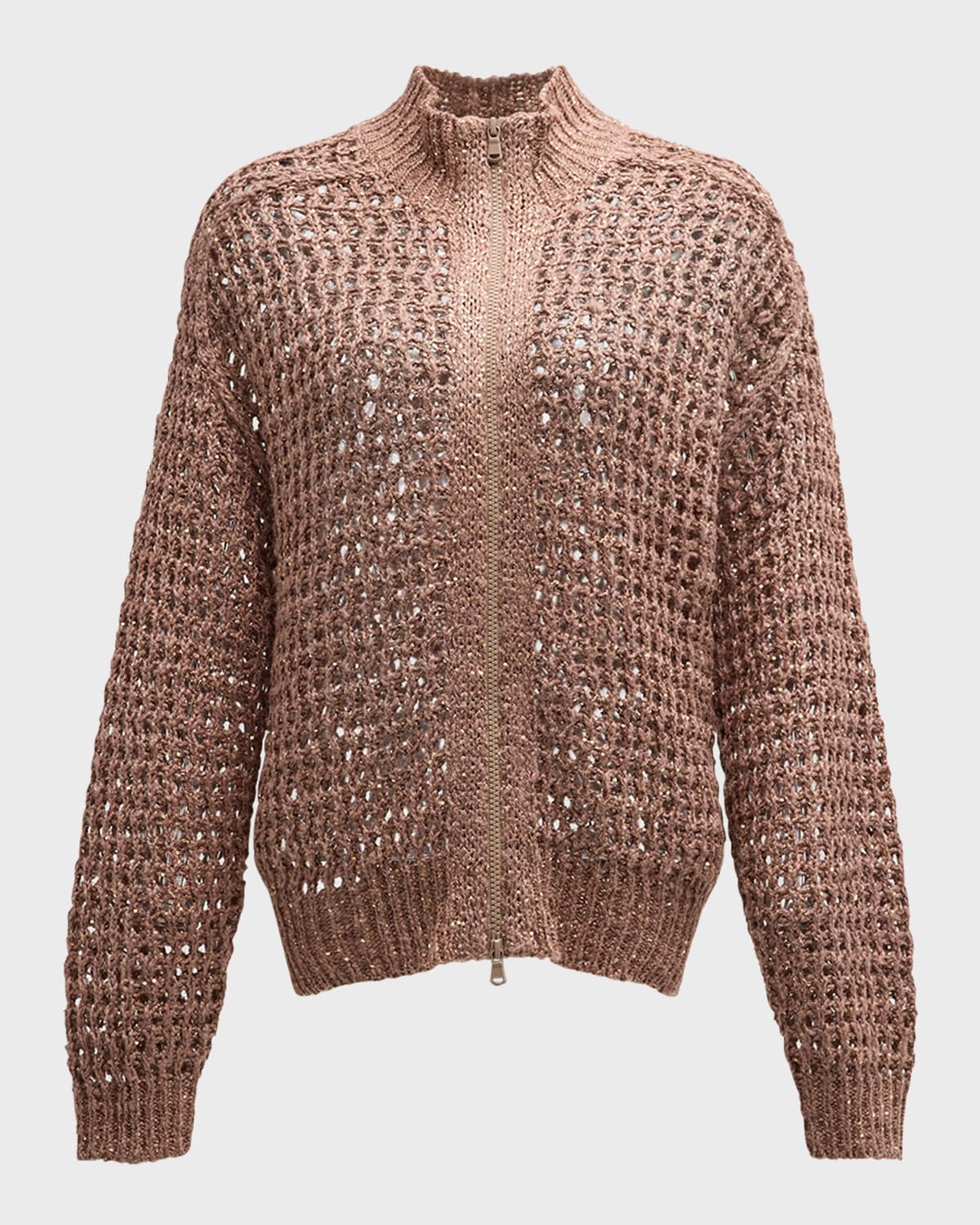 Brunello Cucinelli Silk-Linen 3D Diamond Net V-Neck Zip Cardigan