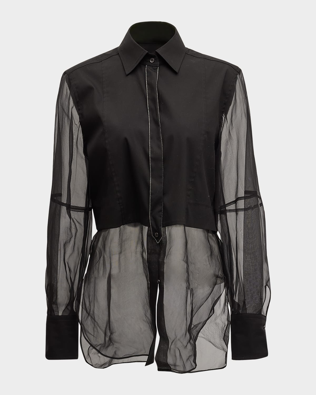 Brunello Cucinelli Mixed-Media Monili-Trim Bib-Front Blouse