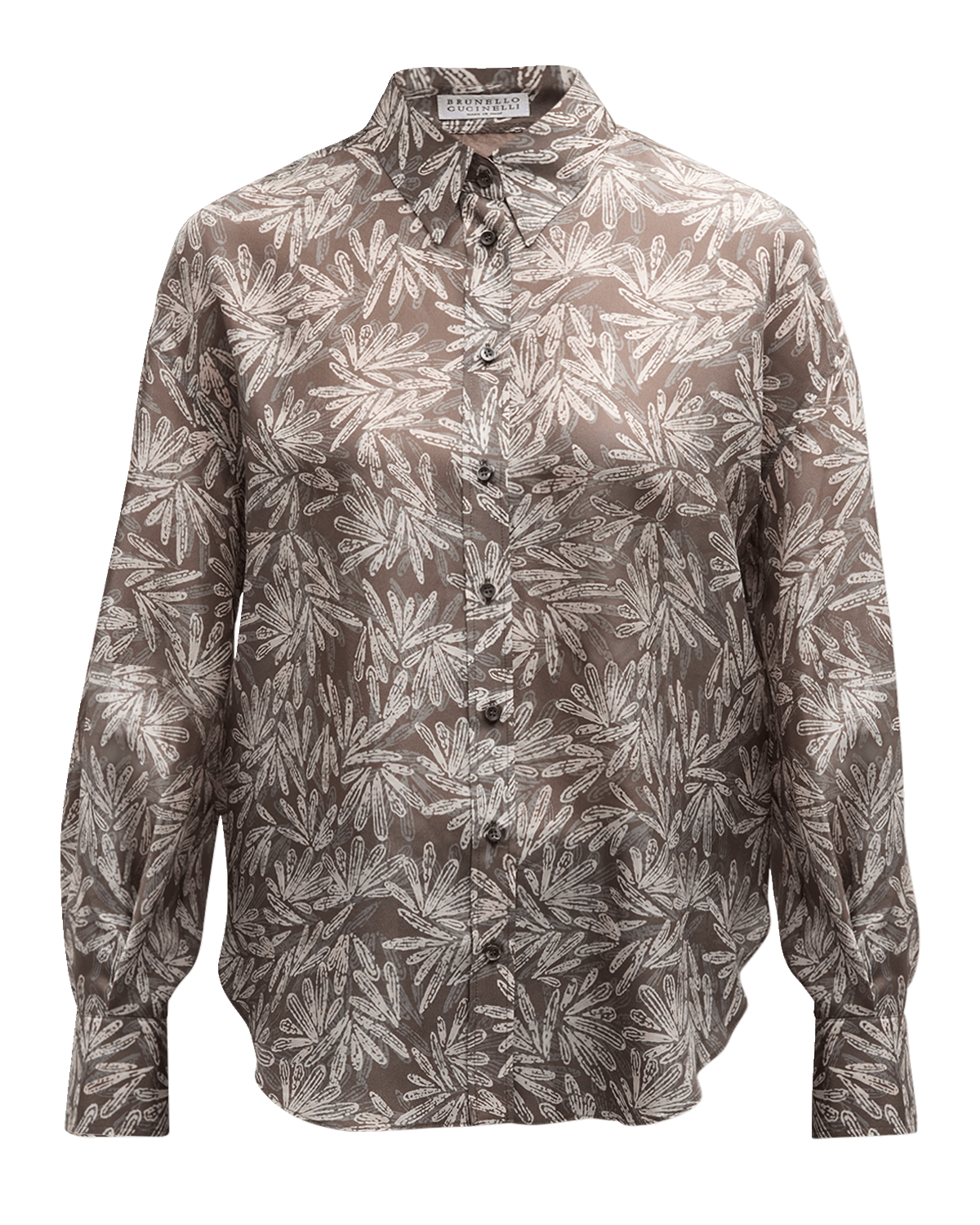 Brunello Cucinelli Silk Fern Ponge Button-Front Blouse