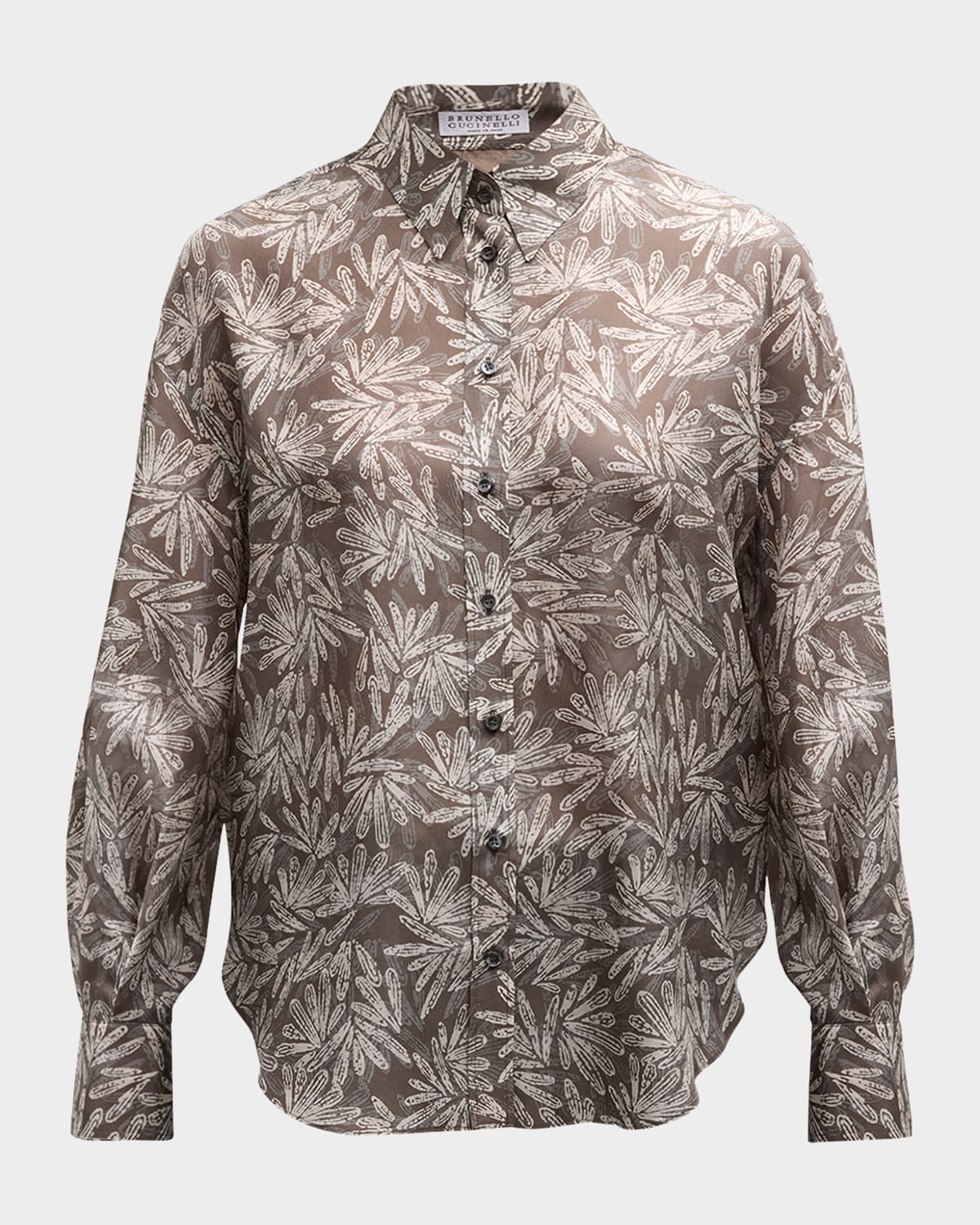 Brunello Cucinelli Silk Fern Ponge Button-Front Blouse