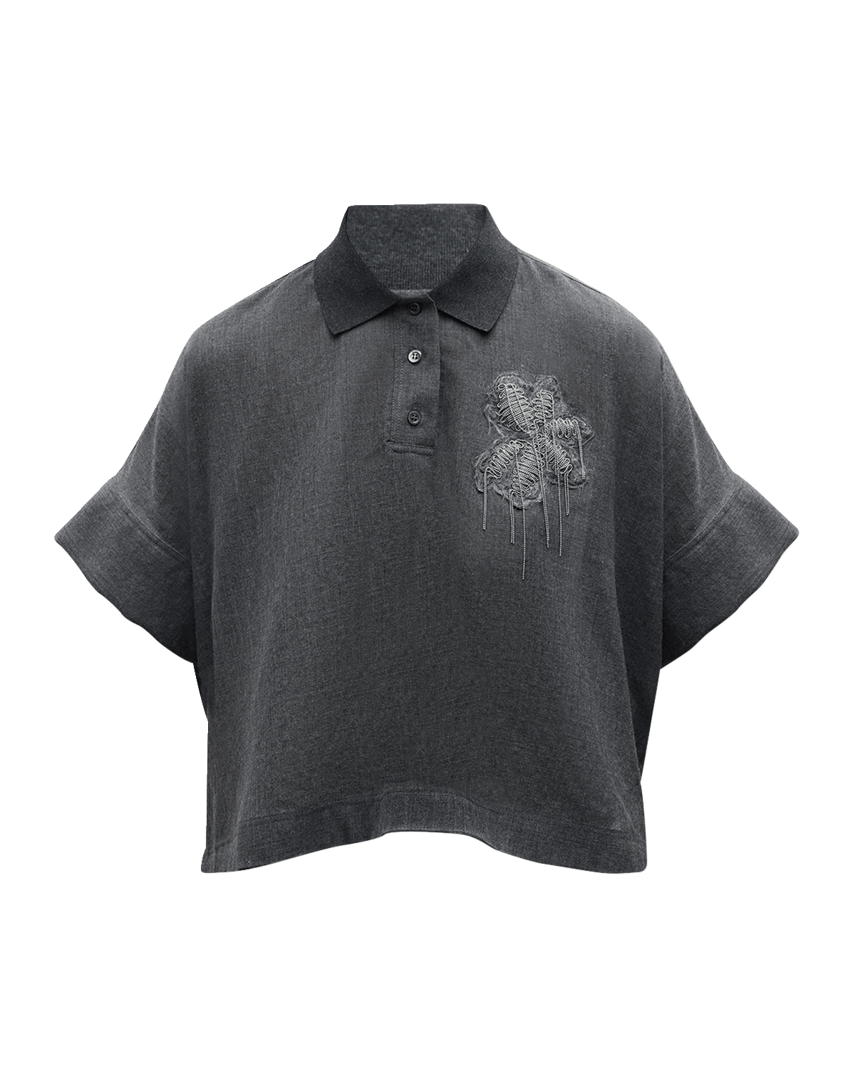 Brunello Cucinelli Monili Floral Crest Short-Sleeve Wool-Gauze Polo Top