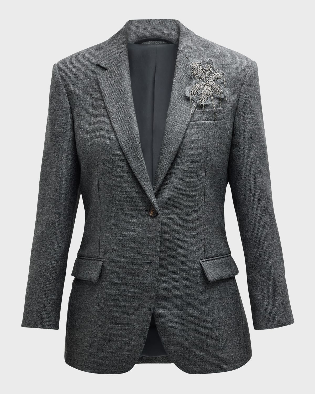 Brunello Cucinelli Monili Floral Crest Single-Breasted Canvas Wool Jacket