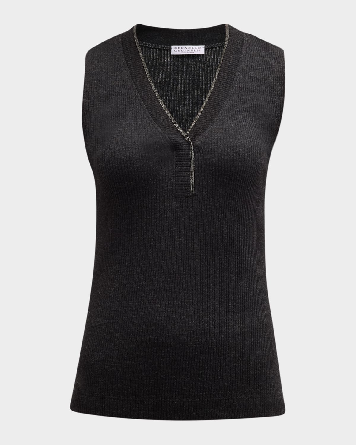 Brunello Cucinelli Monili V-Neck Wool Rib Jersey Tank Top