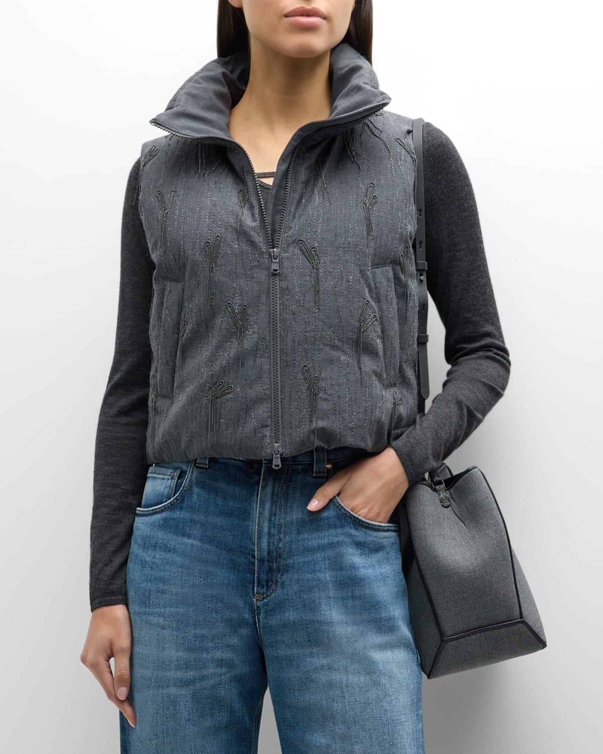 Brunello Cucinelli Monili Embroidered Tassel Wool Padded Vest