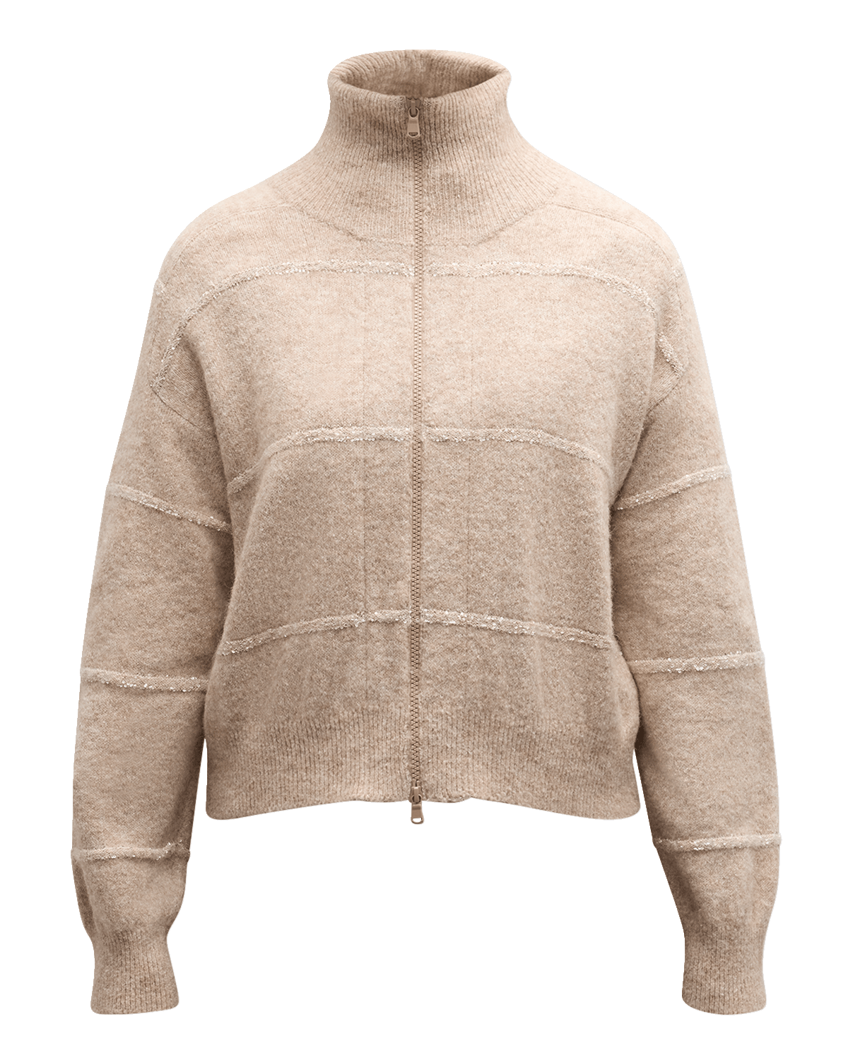 Brunello Cucinelli Horizontal Paillette Striped Alpaca Knit Zip Cardigan