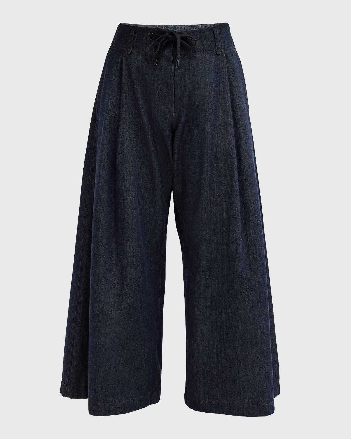 Brunello Cucinelli Pleated Denim Wide-Leg Crop Pull-On Pants