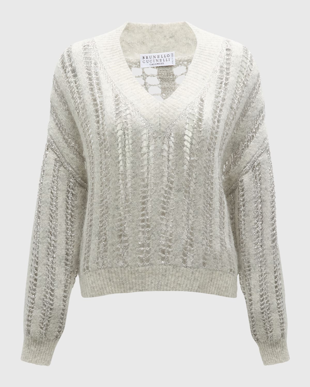 Brunello Cucinelli Mohair Wool Lattice Knit Sweater with Paillette Detail