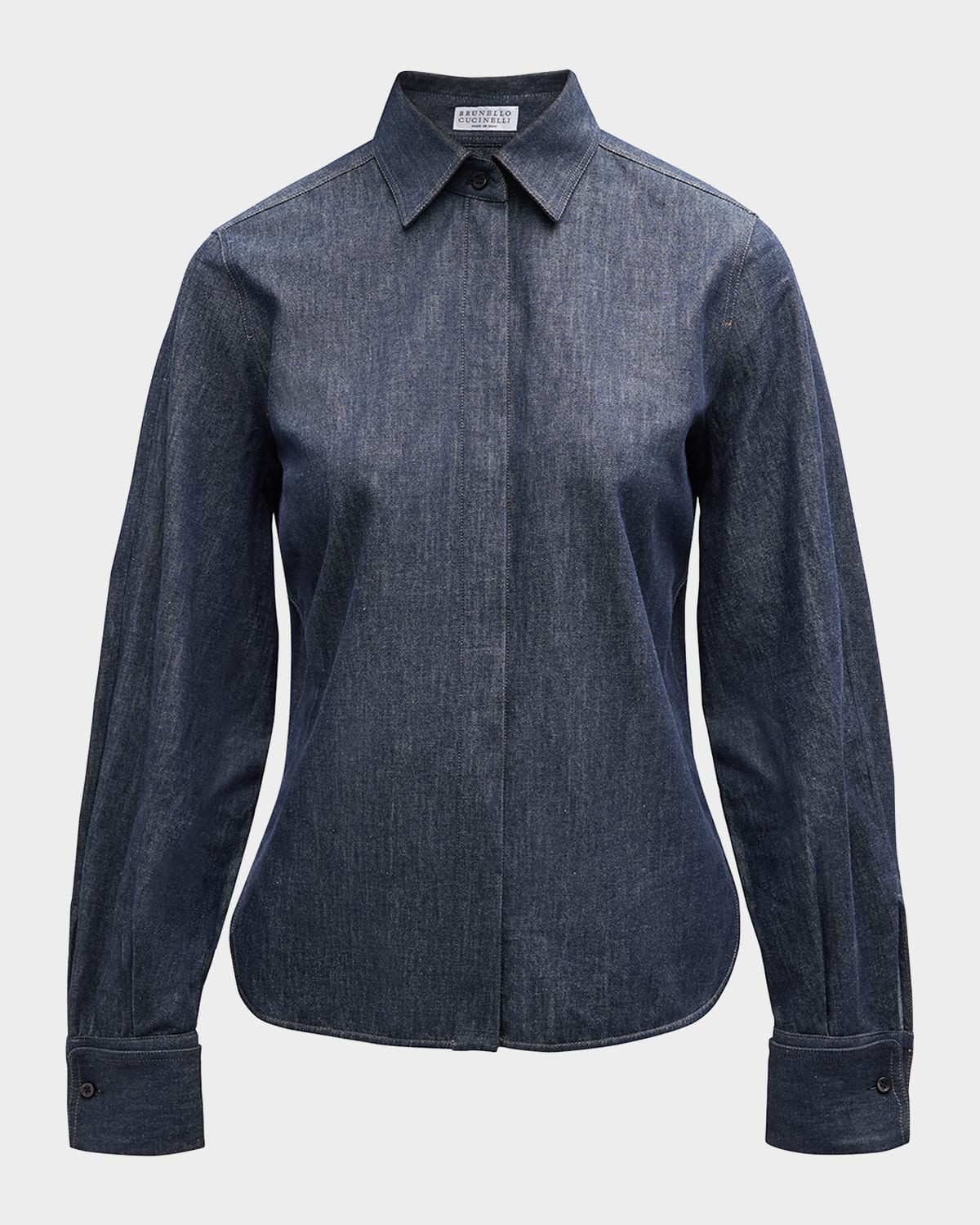 Brunello Cucinelli Double-Cuff Lightweight Denim Button-Down Blouse