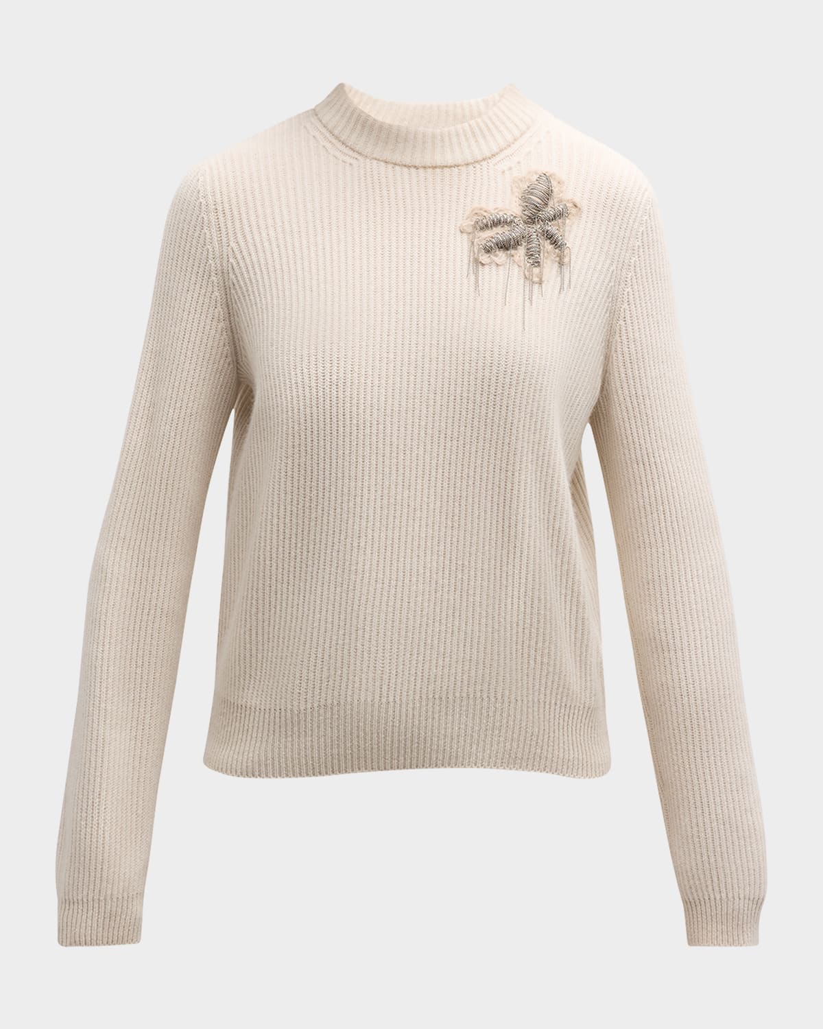 Brunello Cucinelli Monili Floral Crest Cashmere Rib Knit Crewneck Sweater
