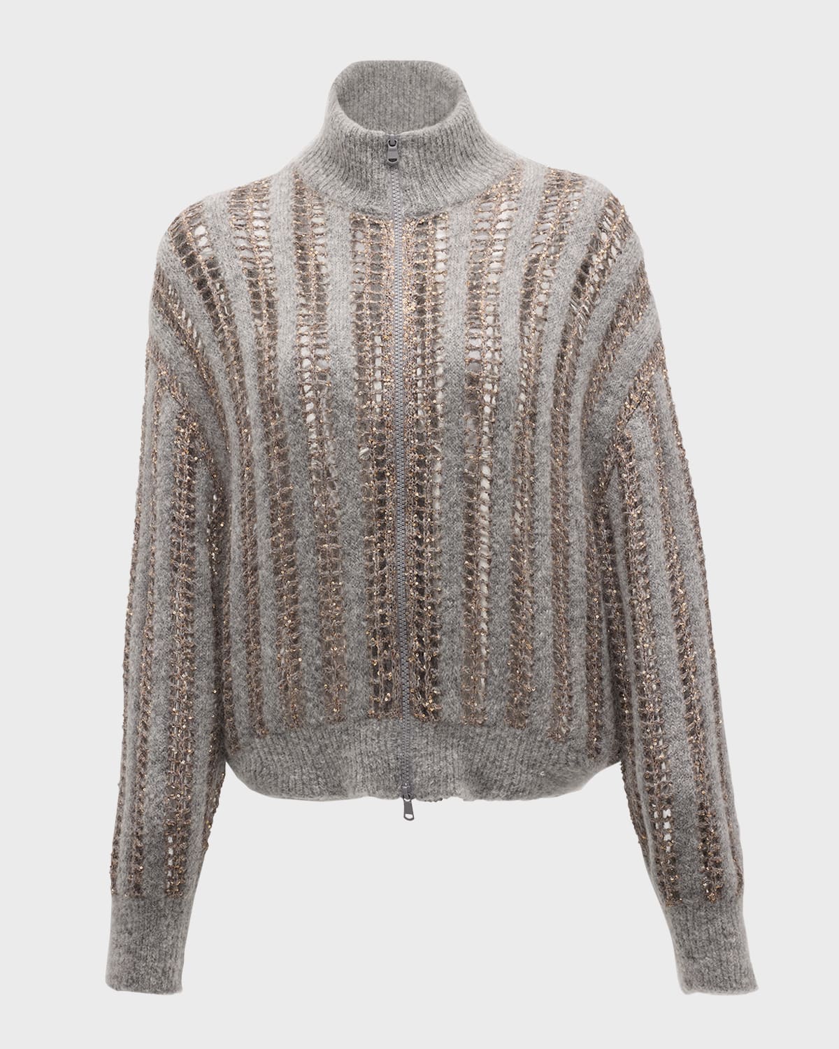 Brunello Cucinelli Mohair Wool Lattice Knit Zip-Up Cardigan with Paillette Detail