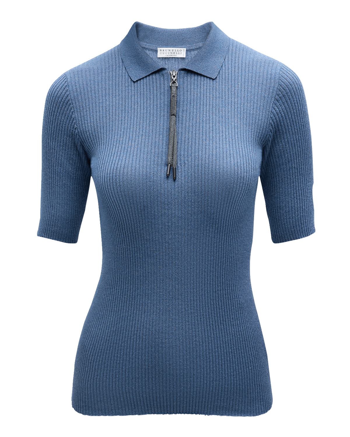 Brunello Cucinelli Ribbed Cashmere-Blend Polo Top with Monili Pull