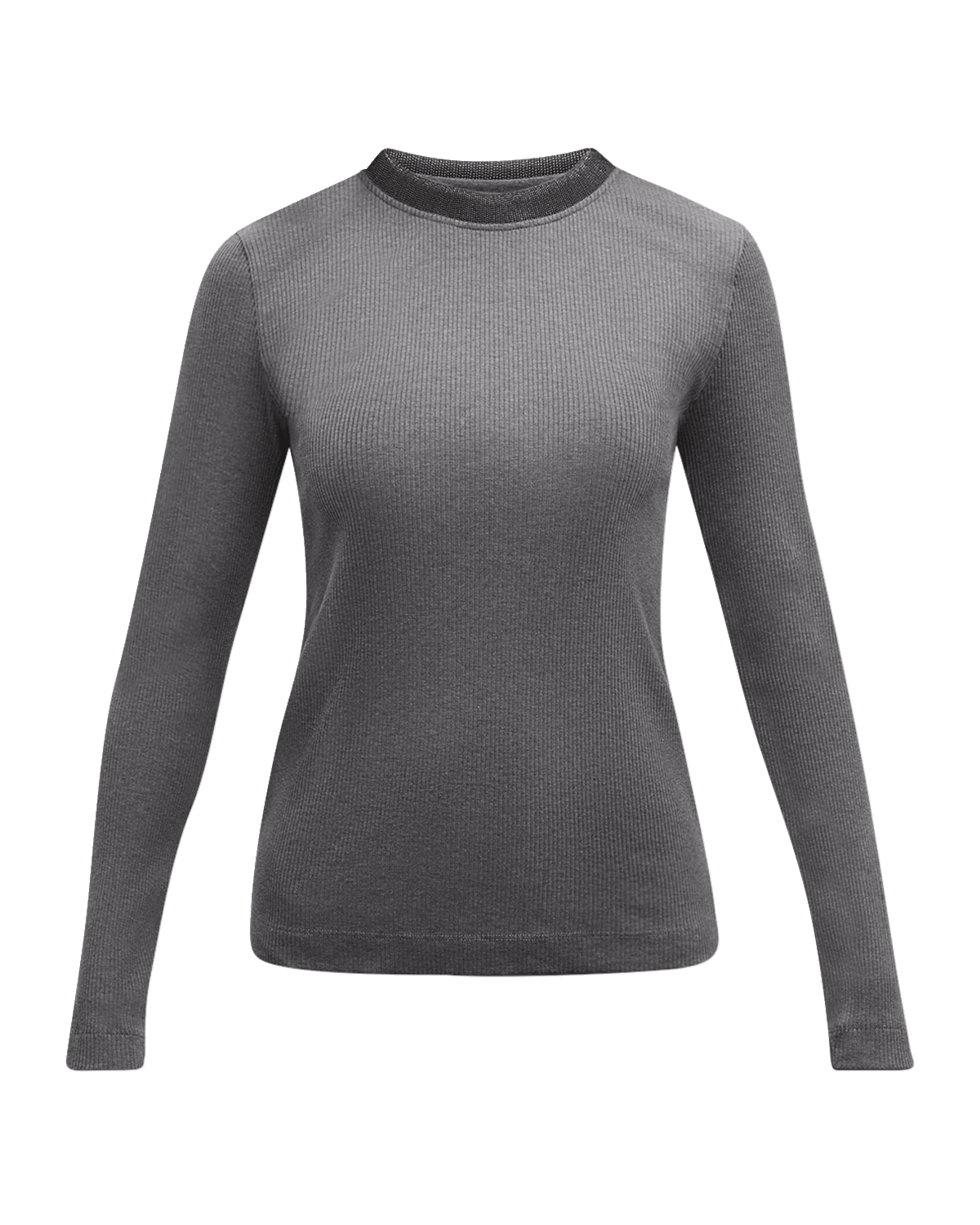 Brunello Cucinelli Cotton Stretch Ribbed Knit Top with Substantial Monili Collar