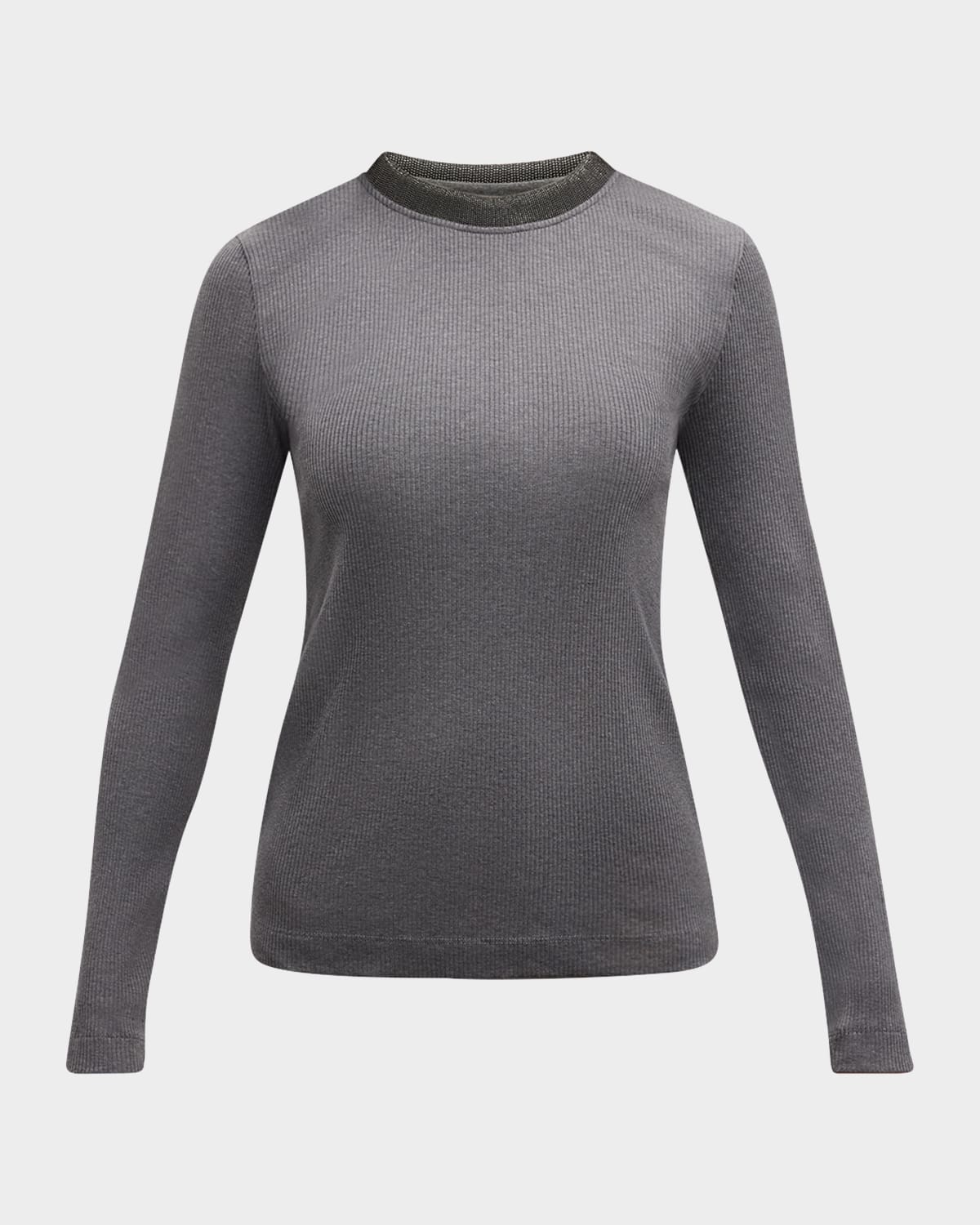 Brunello Cucinelli Cotton Stretch Ribbed Knit Top with Substantial Monili Collar