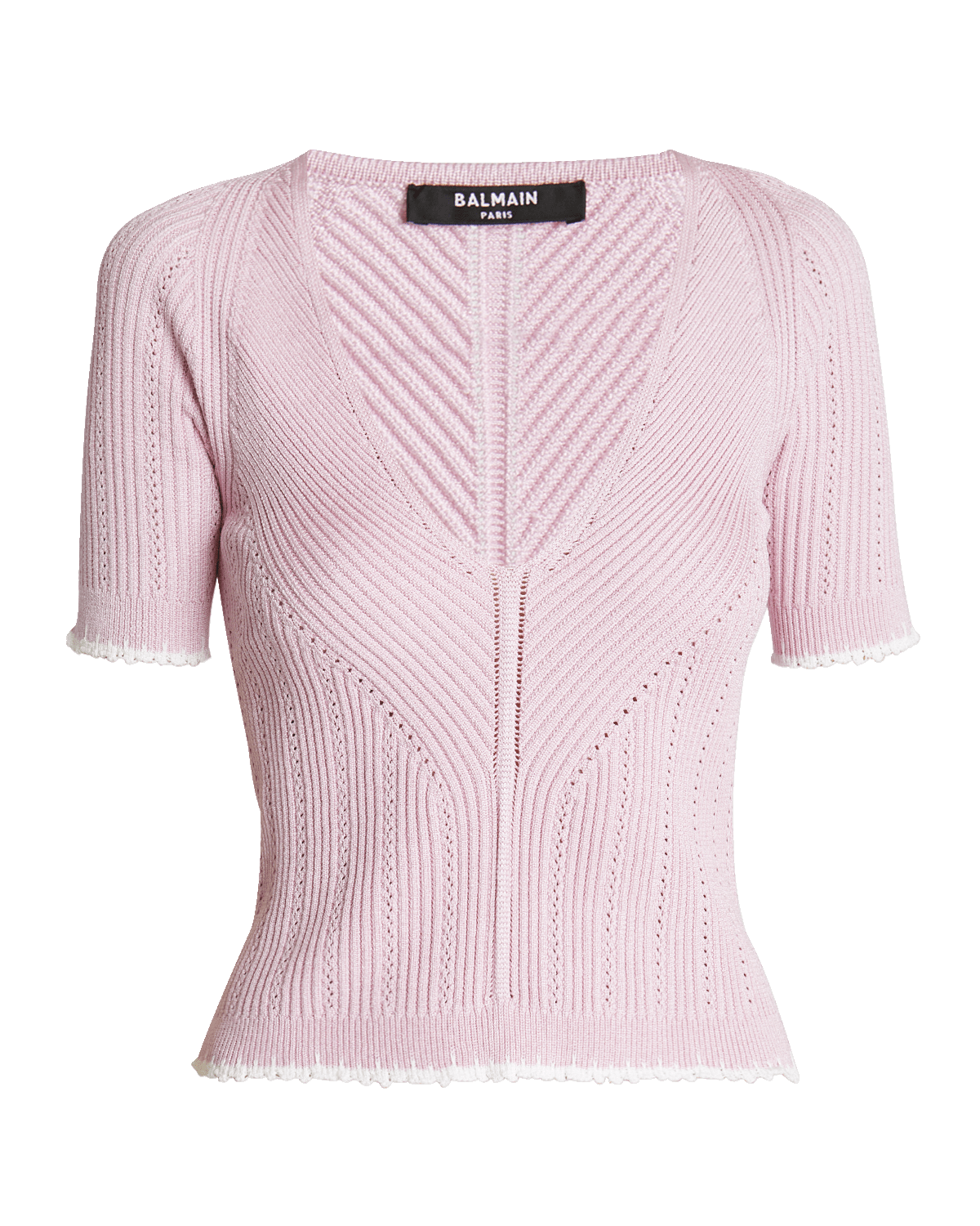 Balmain V-Neck Short-Sleeve Pointelle Knit Top