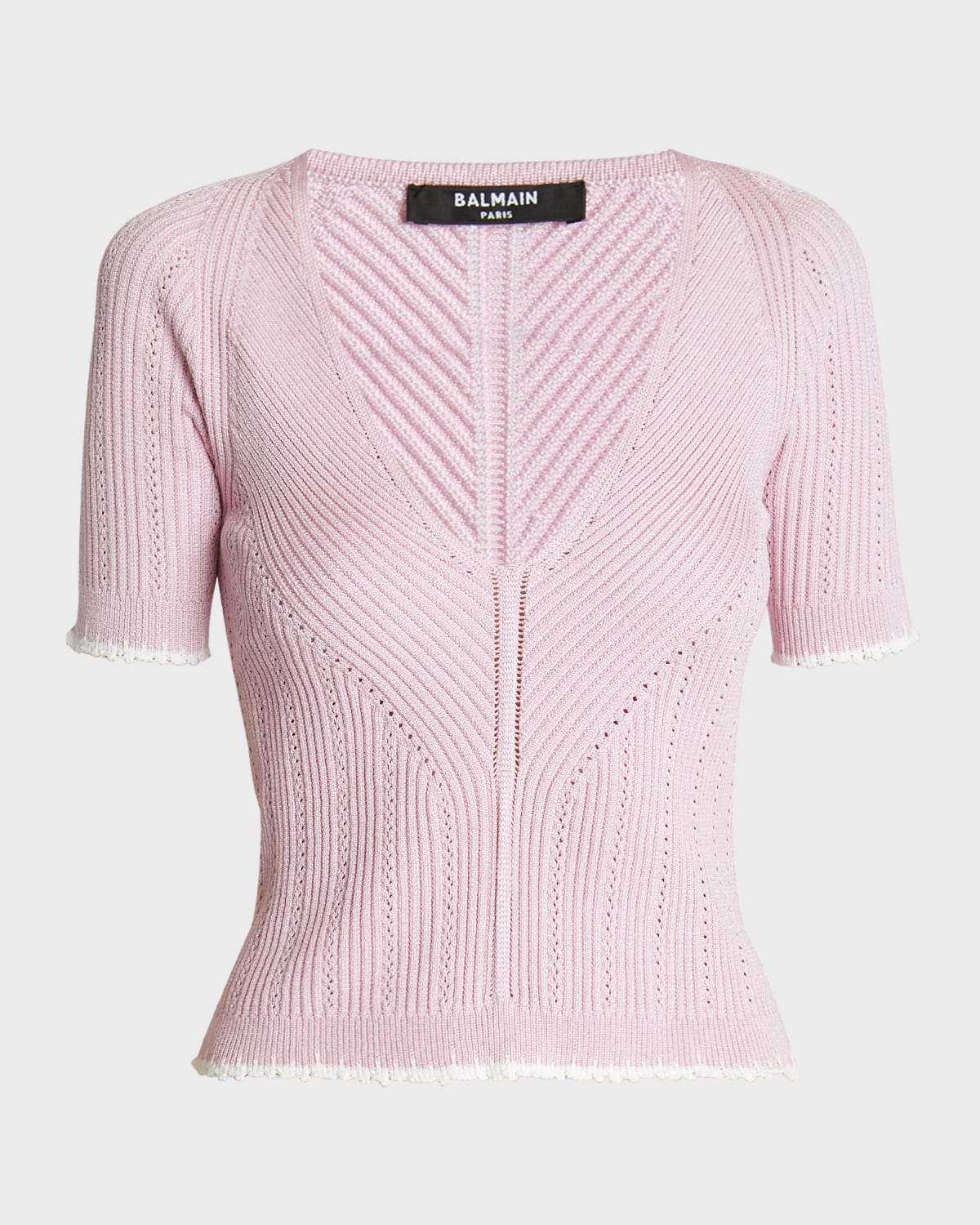 Balmain V-Neck Short-Sleeve Pointelle Knit Top