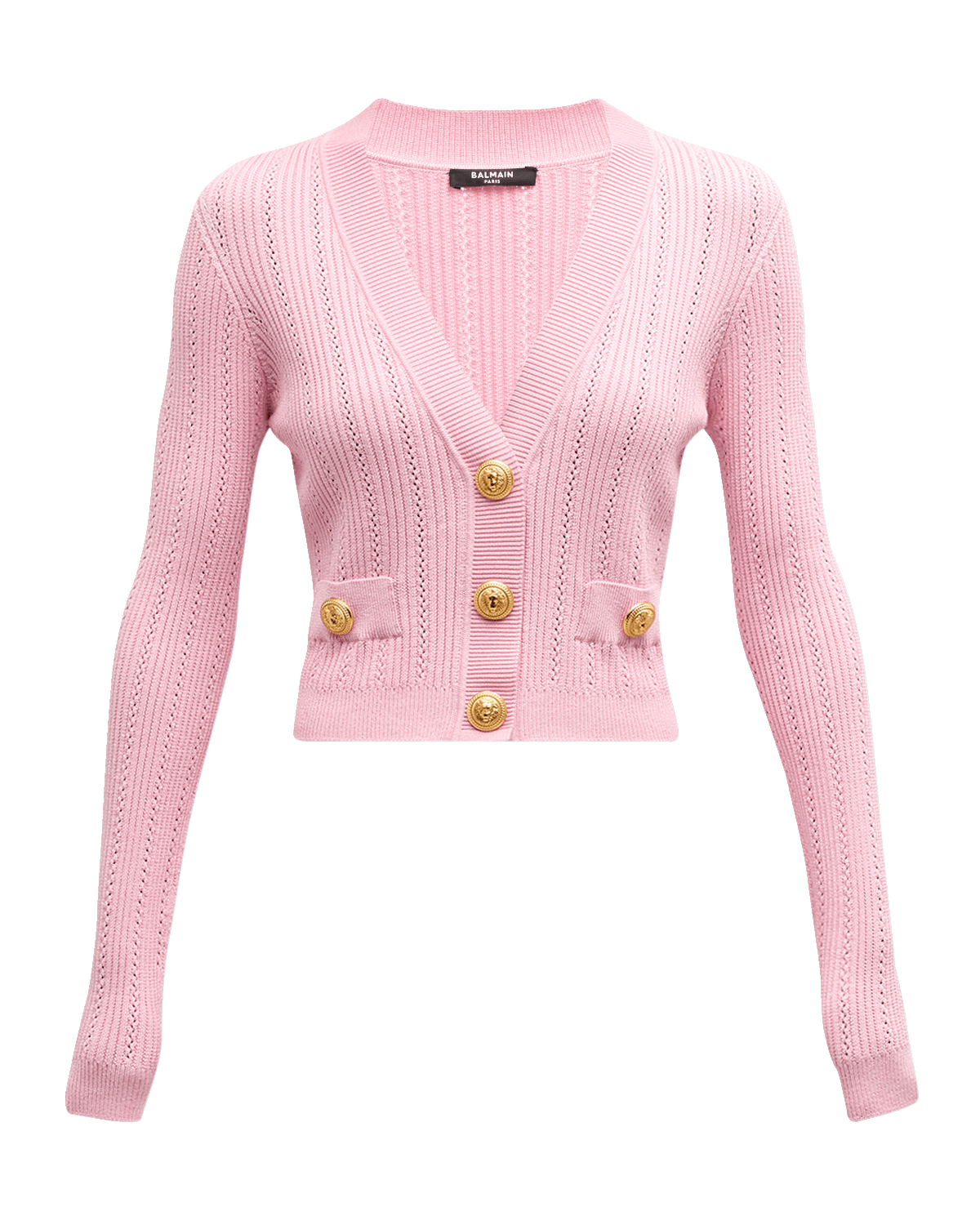 Balmain Buttoned V-Neck Pointelle Rib Knit Crop Cardigan