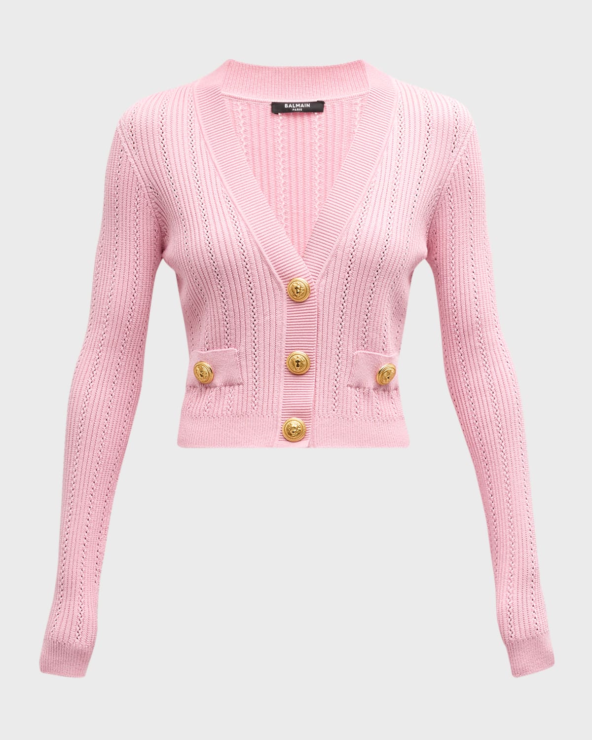 Balmain Buttoned V-Neck Pointelle Rib Knit Crop Cardigan