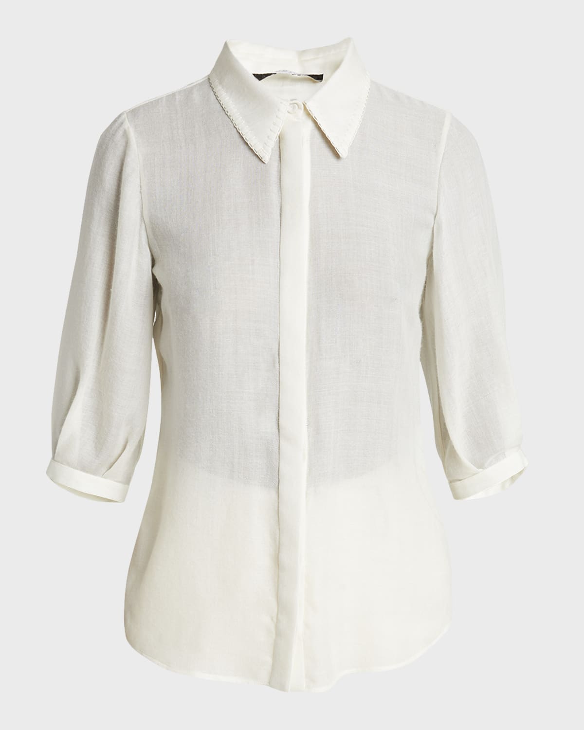 Gabriela Hearst Hadley Blanket-Stitch Collared Blouson-Sleeve Wool-Cashmere Top