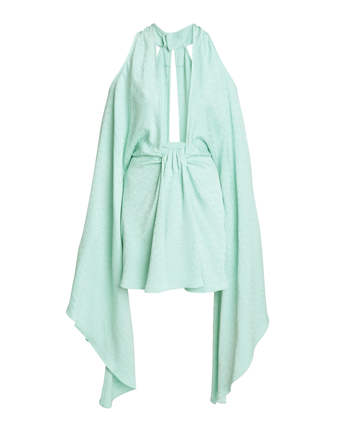 Balmain Plunging Monogram Jacquard Cape-Sleeve Cold-Shoulder Mini Kaftan Dress